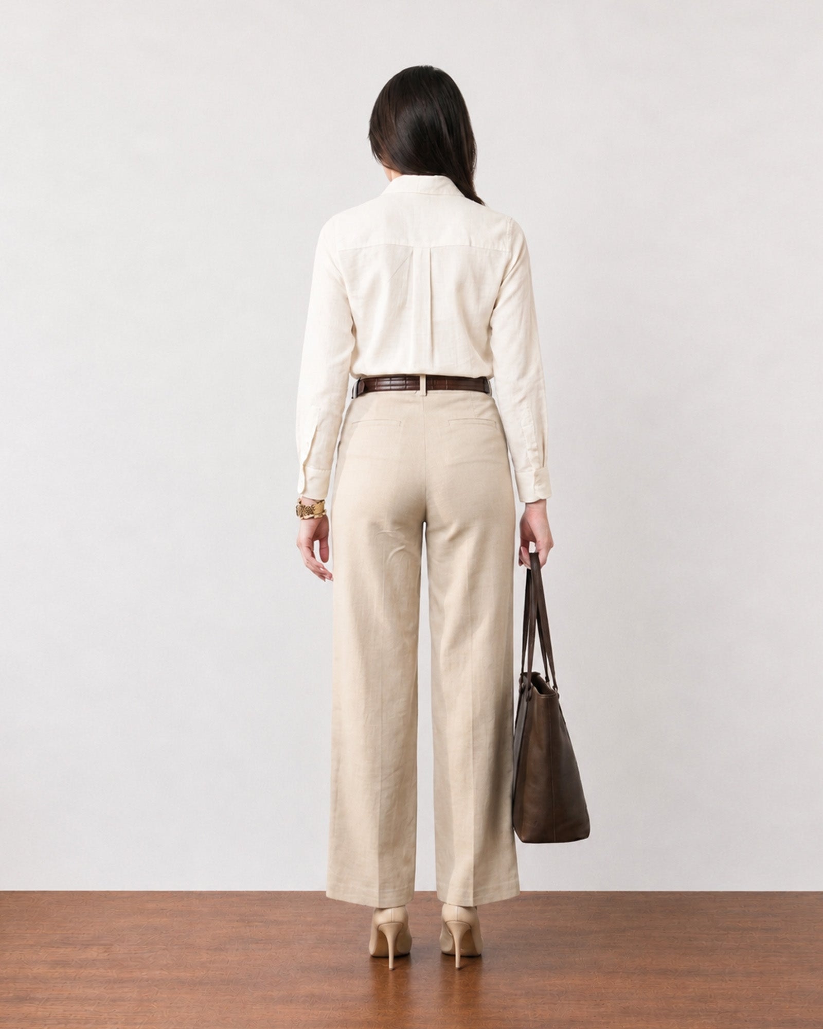 Gwen beige soft linen shirt with a relaxed unlined fall, back view