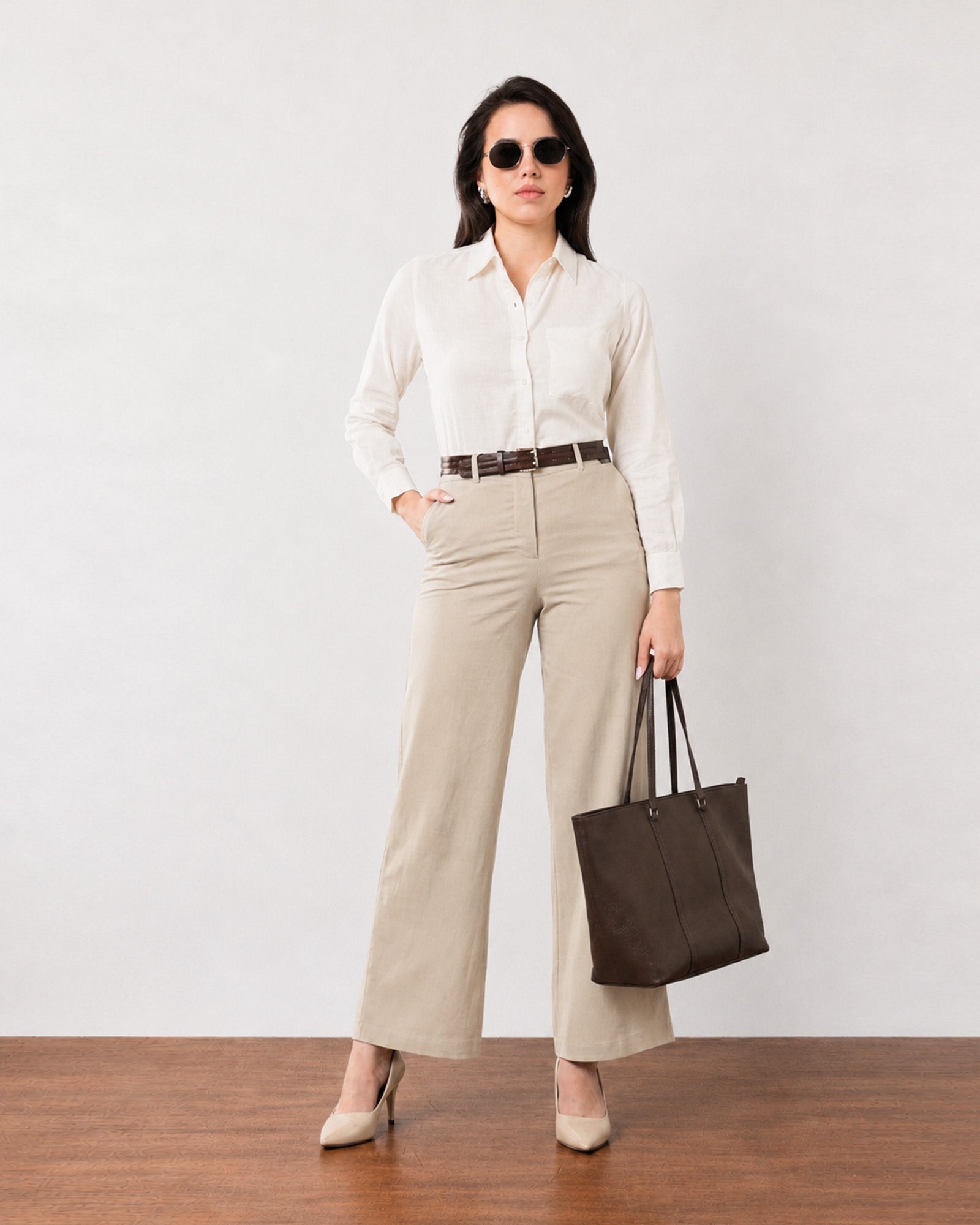 Gwen beige lyocell linen shirt, front view