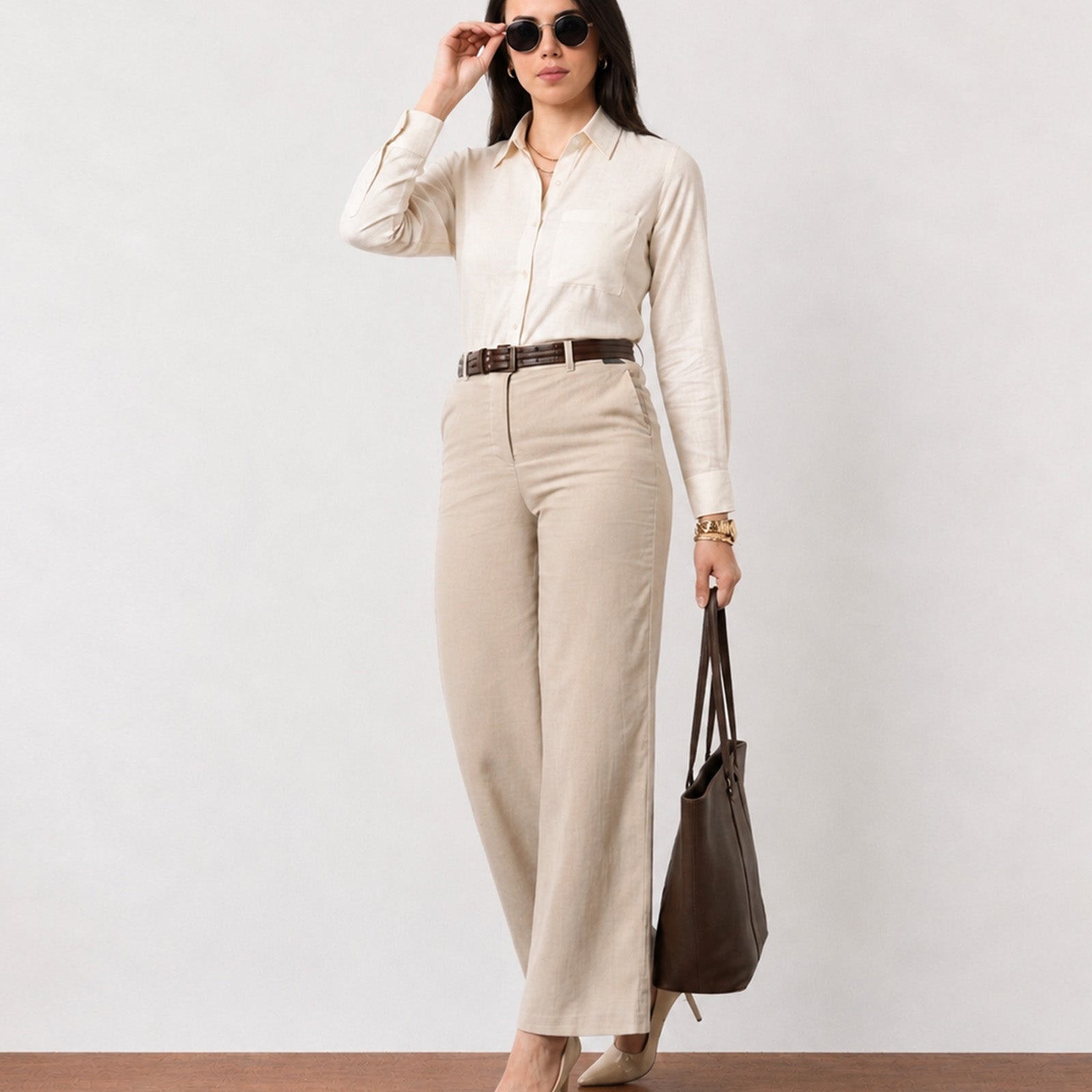 Gazillion Gwen elegant beige soft linen shirt for women, full-length front view