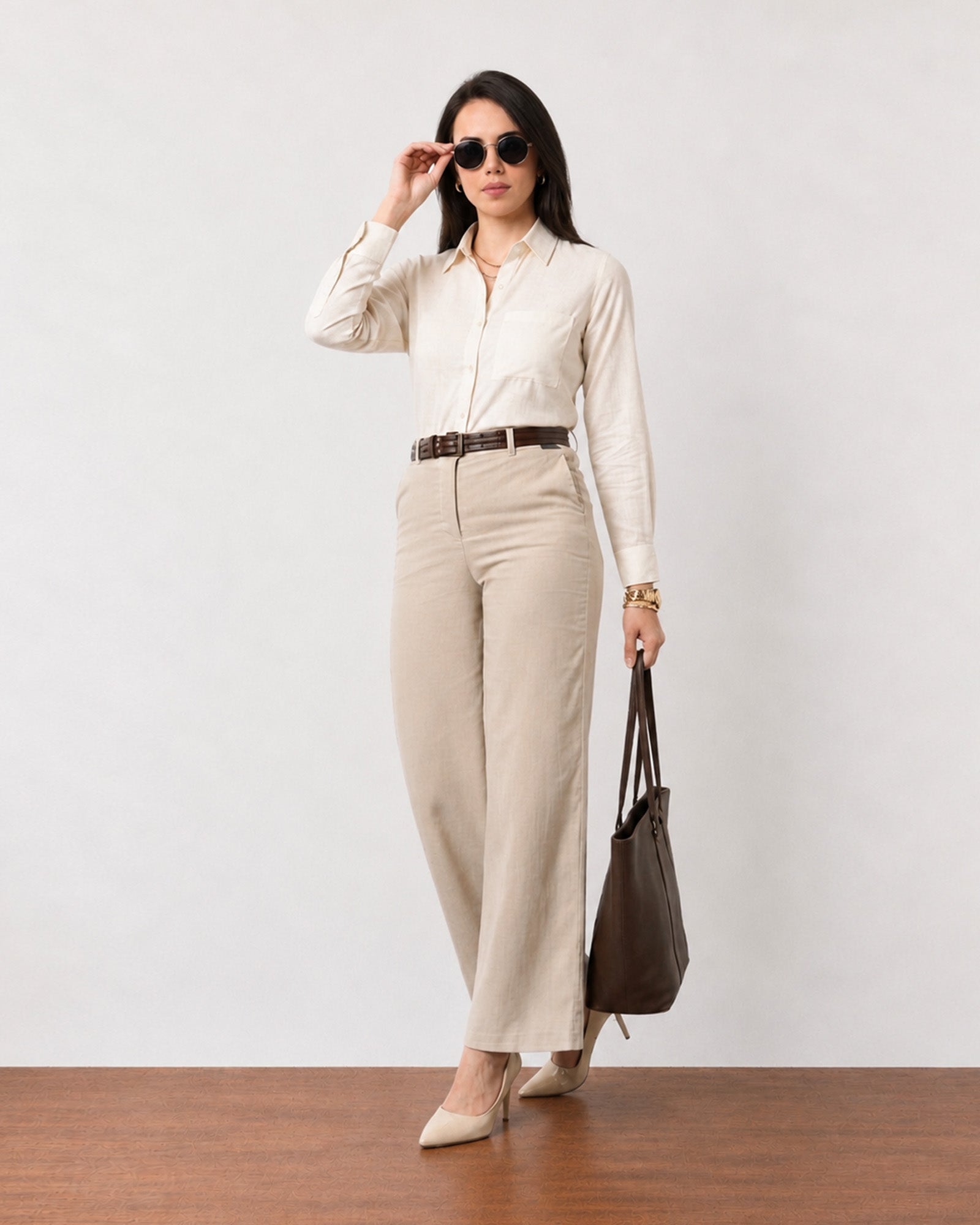Gazillion Gwen elegant beige soft linen shirt for women, full-length front view