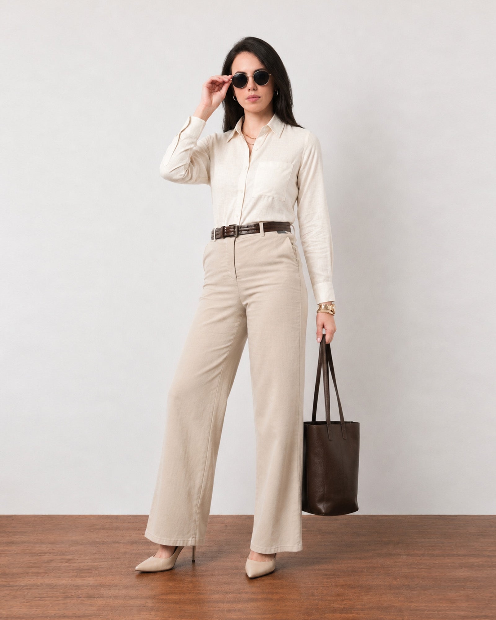 Gwen beige unlined linen shirt with rollable long sleeves, walking view