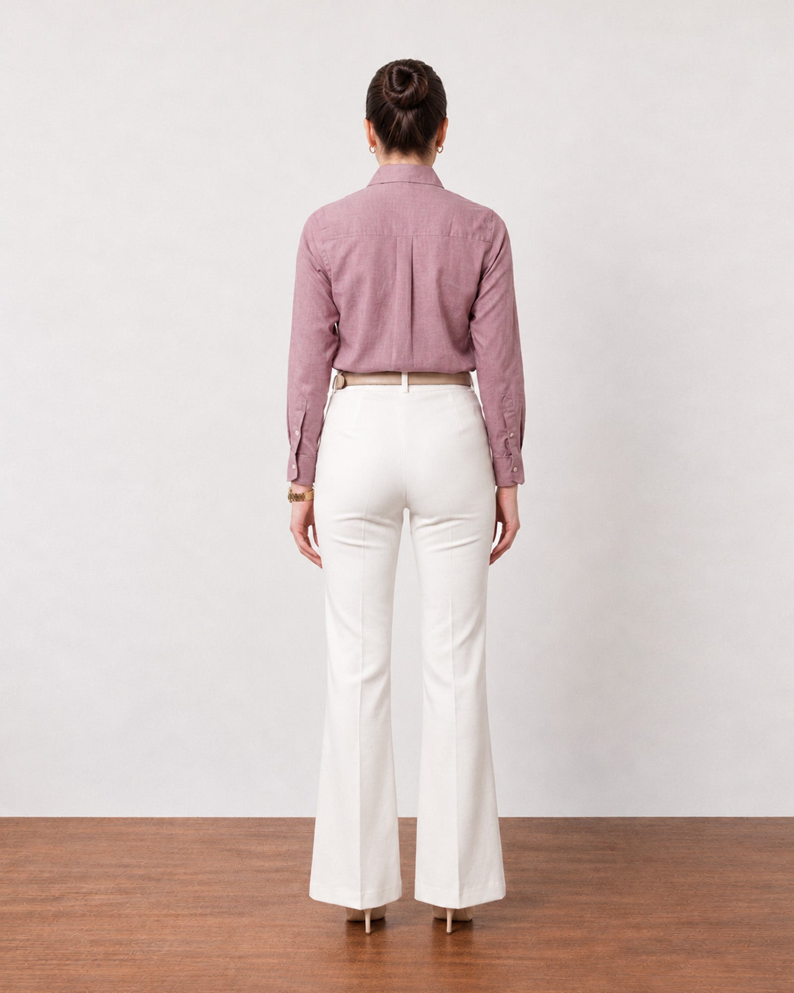 Gwen rose pink soft linen shirt with a clean back yoke, back view