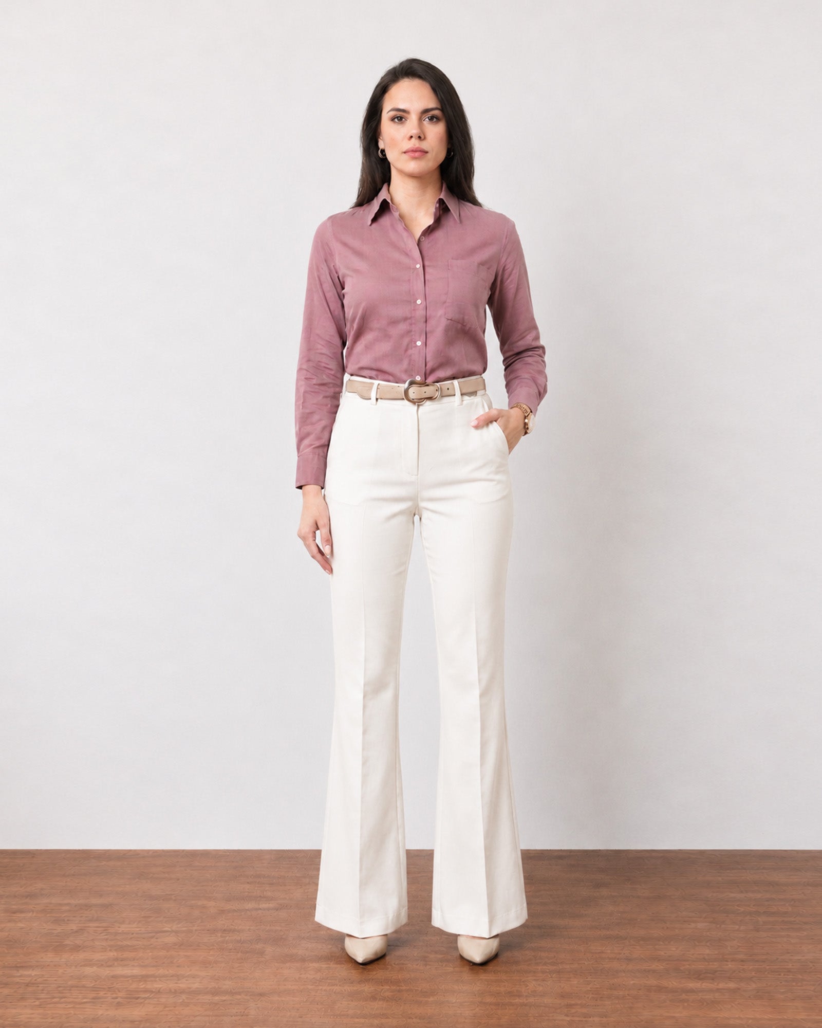 Gwen rose pink lyocell linen shirt, front view