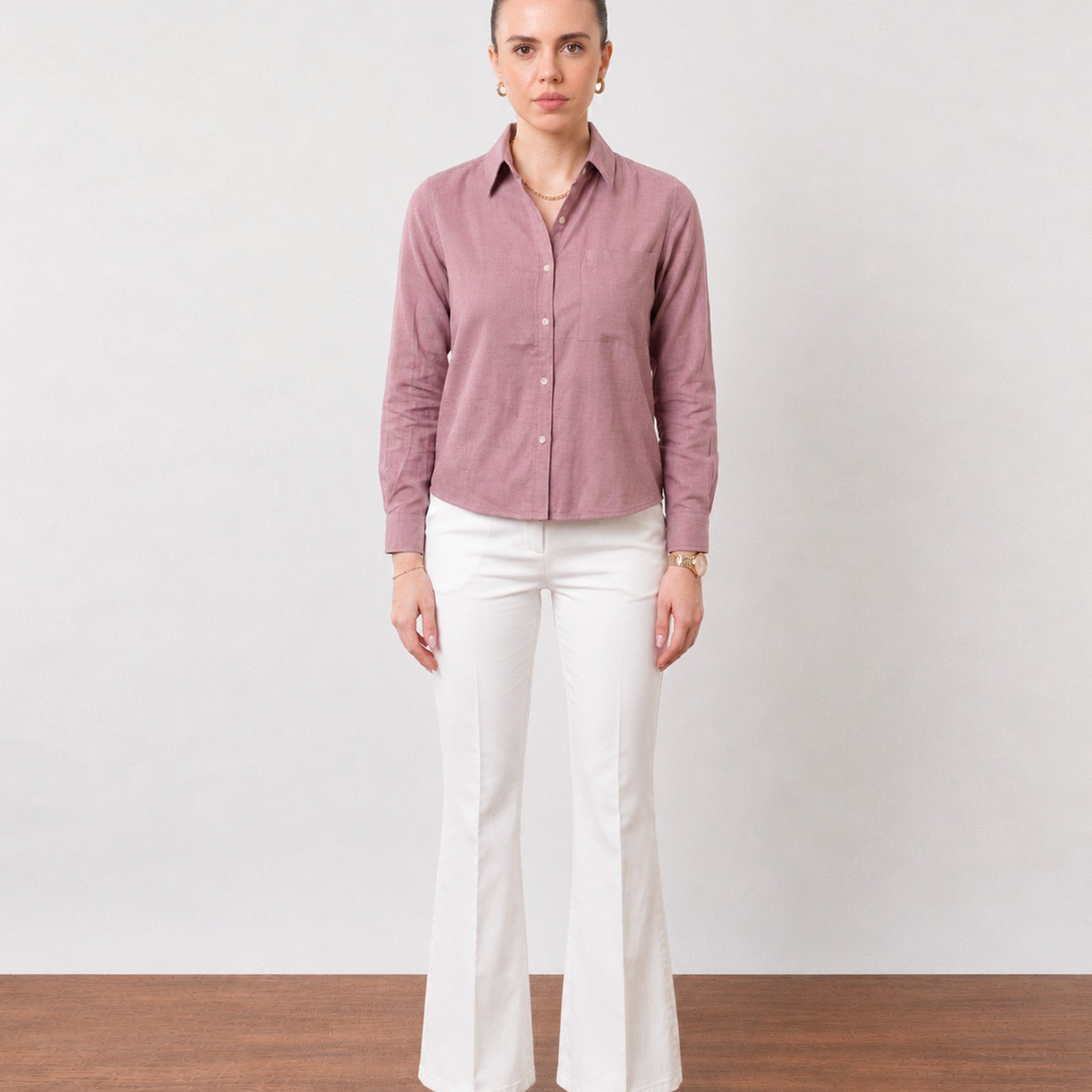 Gazillion Gwen classy rose pink soft linen shirt for women, full-length front view