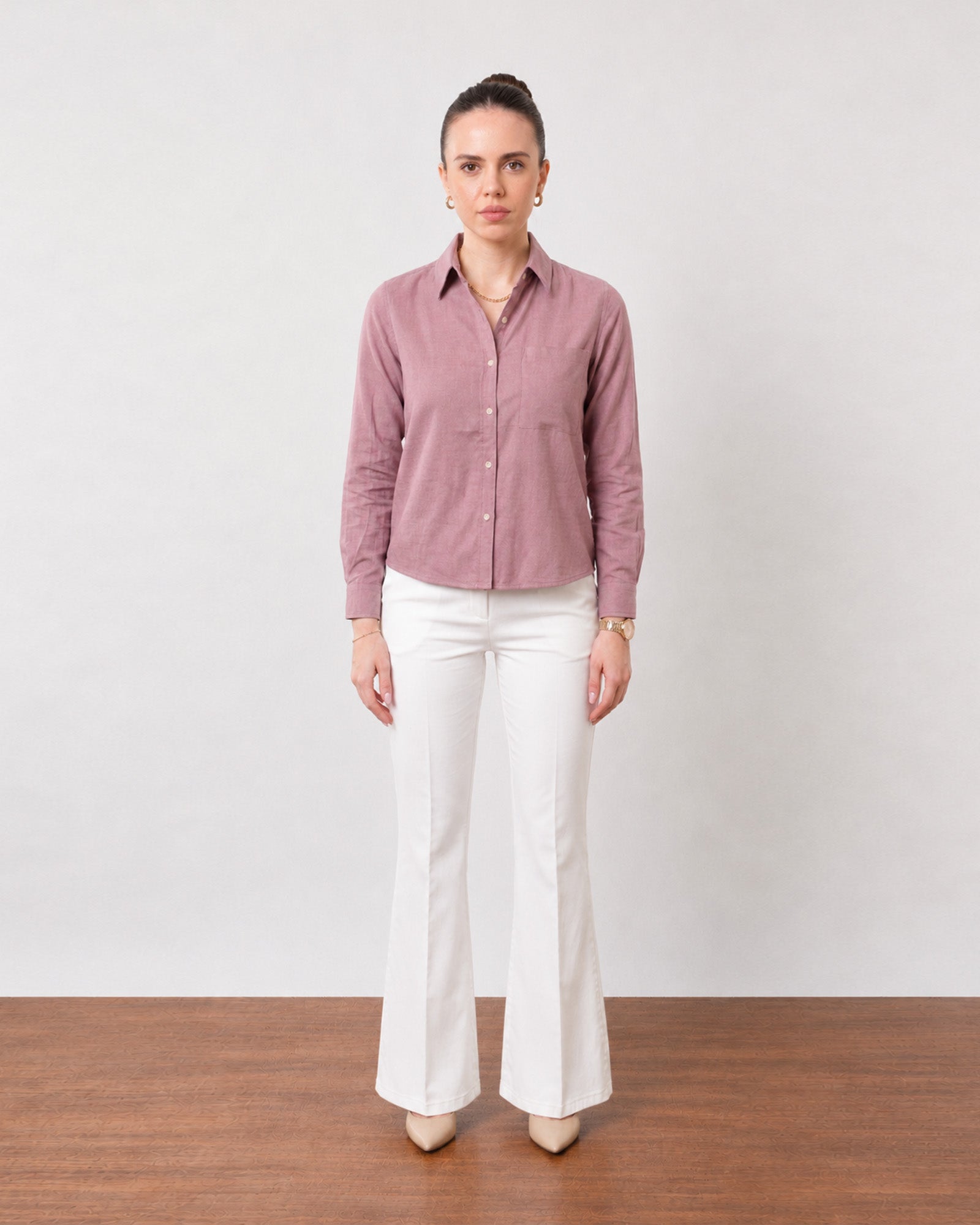 Gazillion Gwen classy rose pink soft linen shirt for women, full-length front view