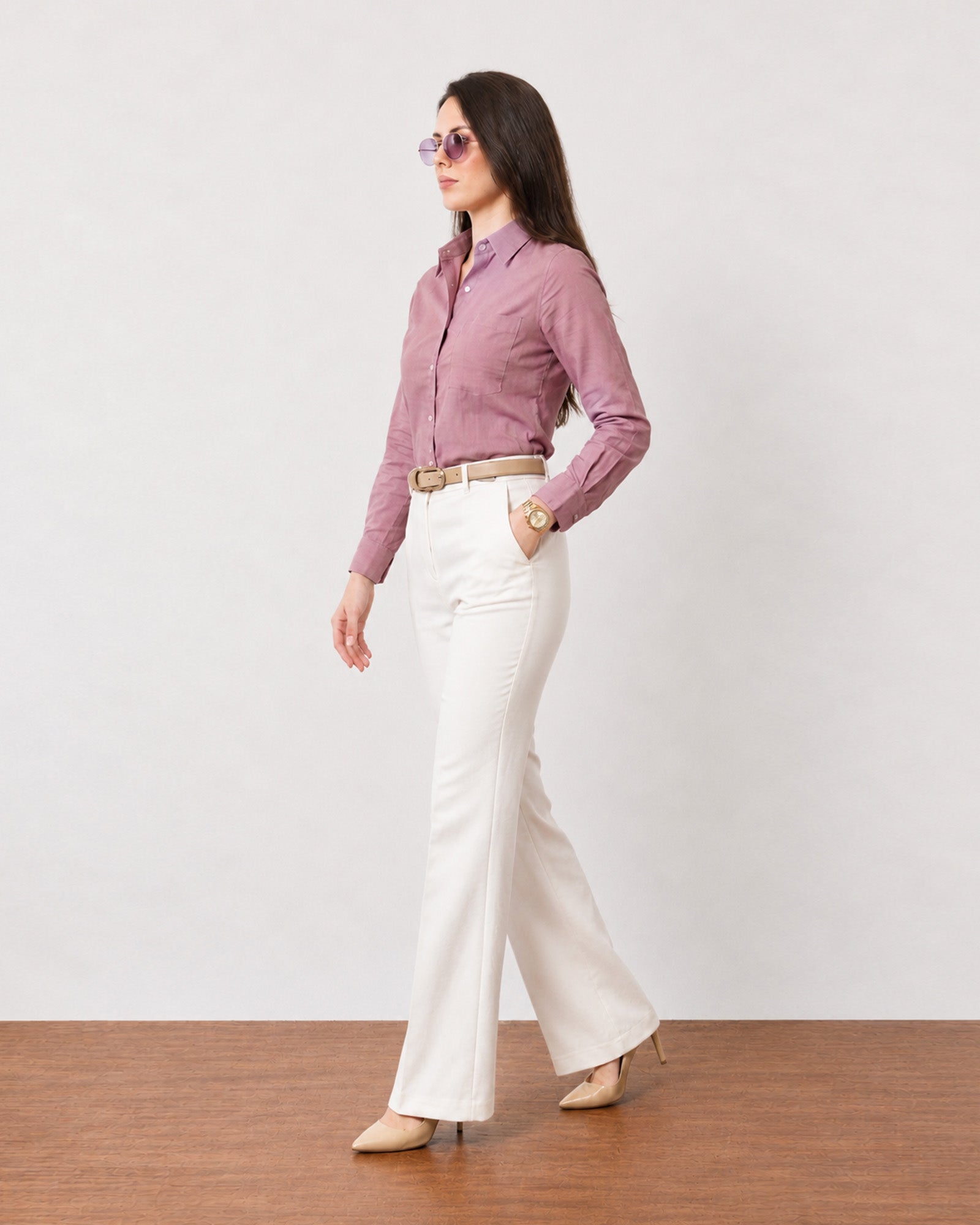 Gwen rose pink unlined linen shirt with rollable long sleeves, walking view