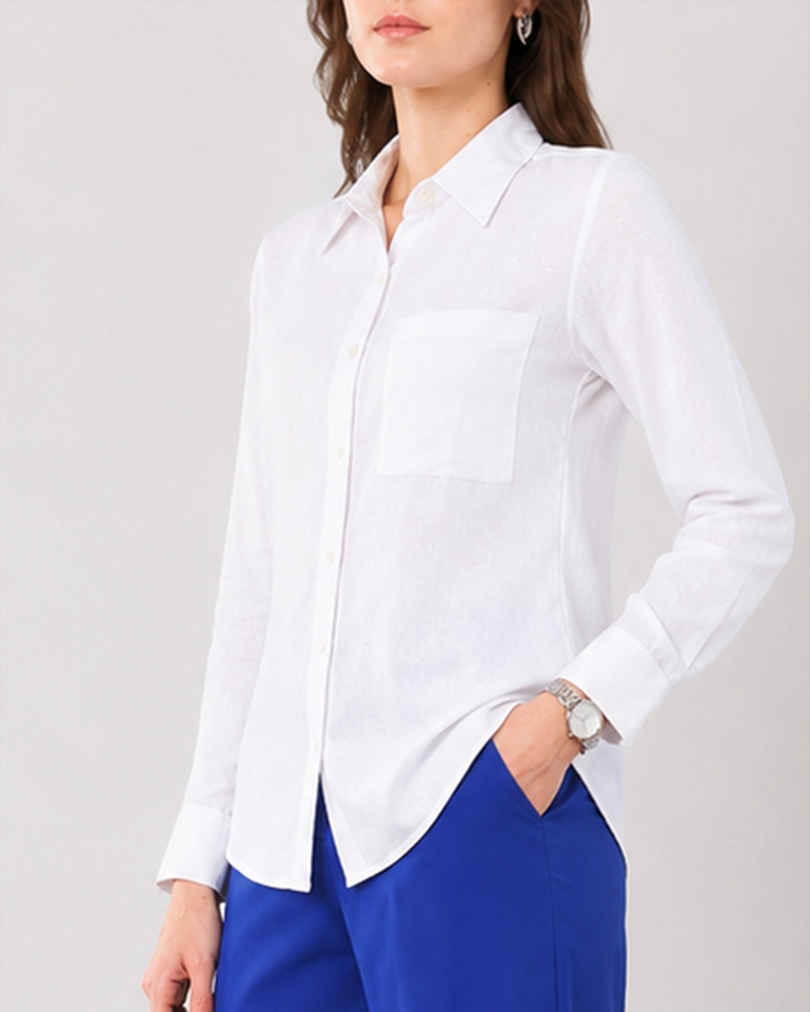 Gwen white soft linen shirt, angled three-quarter view