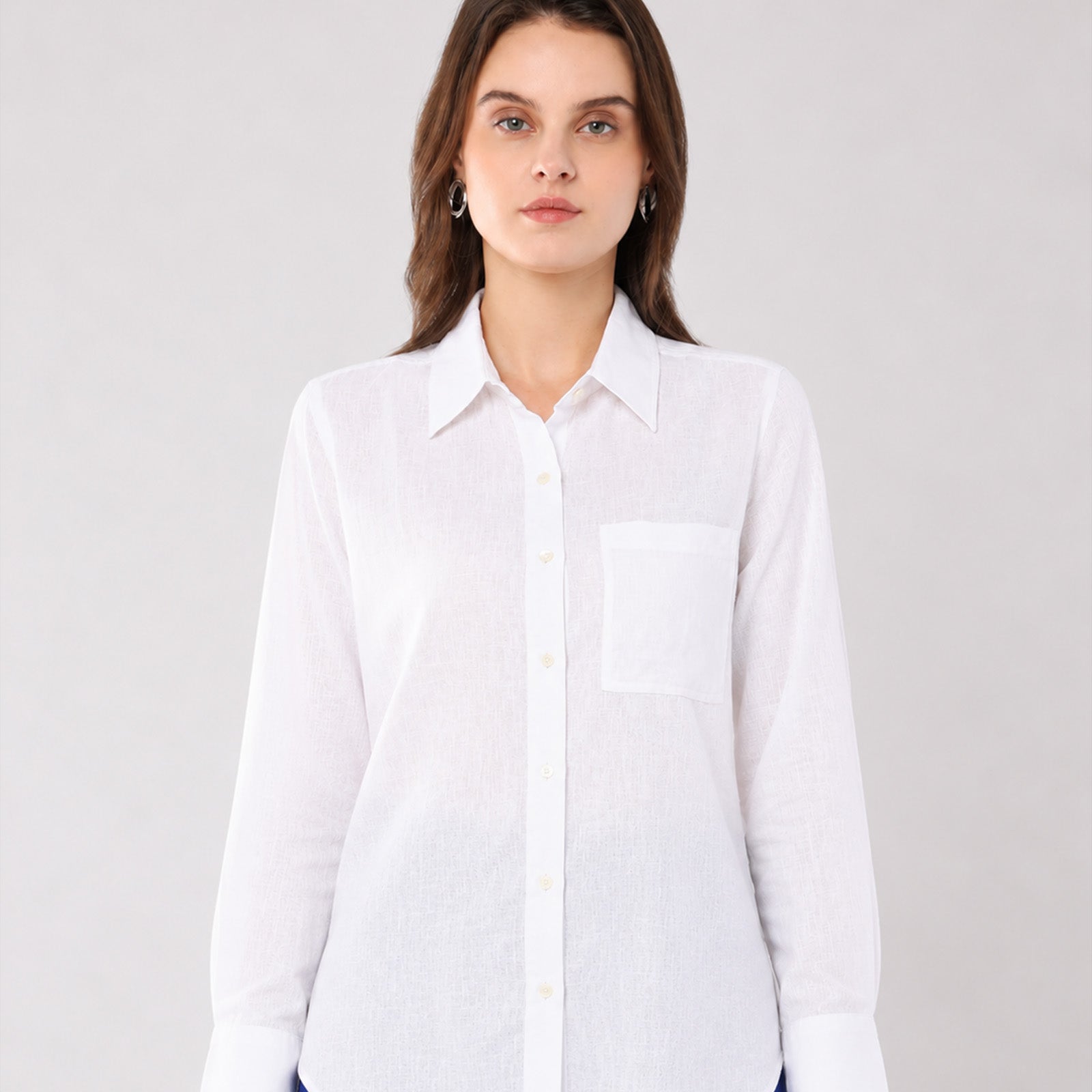 Gazillion Gwen minimalist white soft linen shirt for women, full-length front view