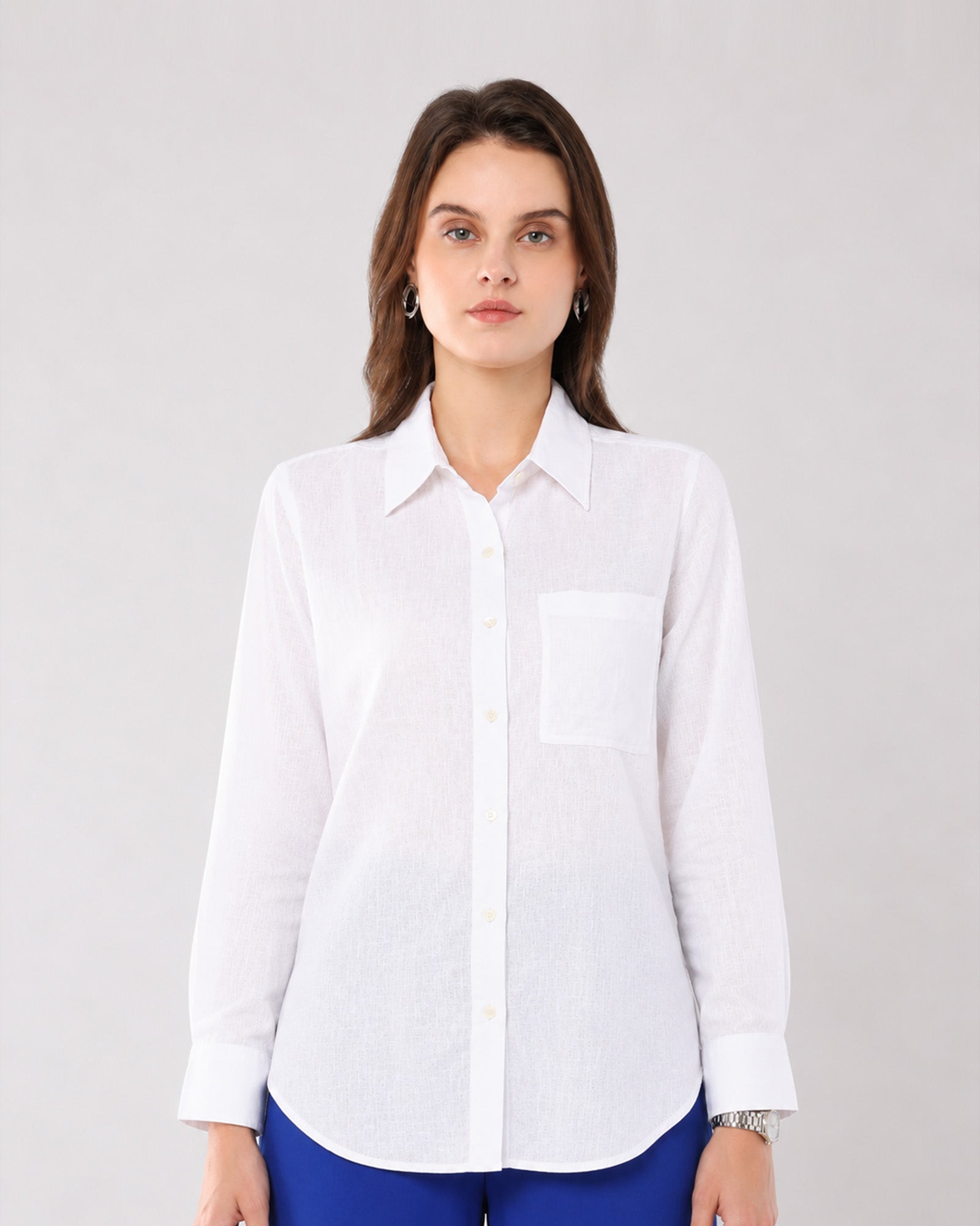 Gazillion Gwen minimalist white soft linen shirt for women, full-length front view