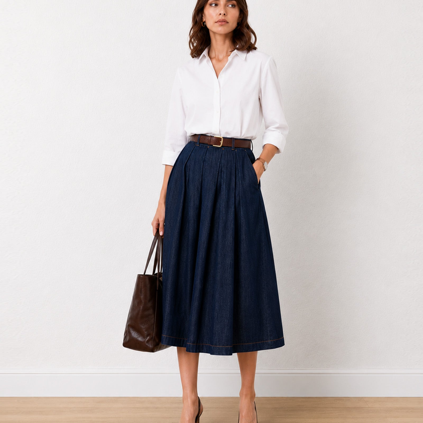 Gazillion Hansel indigo blue denim pleated midi skirt for women, full-length front view