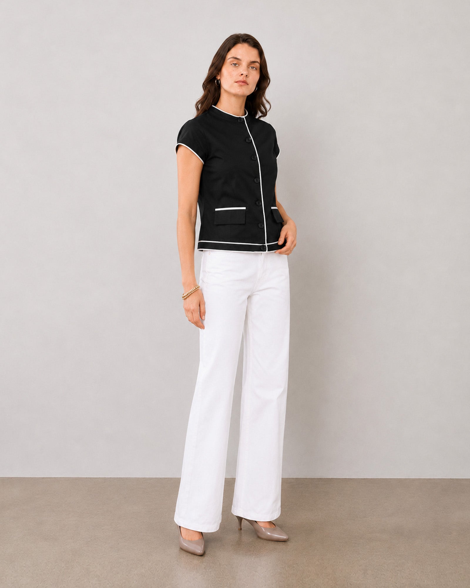Harmony black and white cotton top with contrast piping on neckline, placket and sleeves