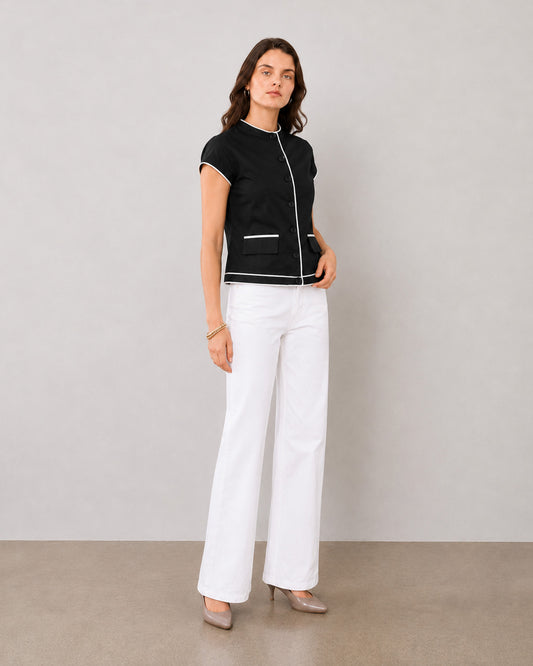 Harmony black and white cotton top with contrast piping on the front placket and dignity buttons