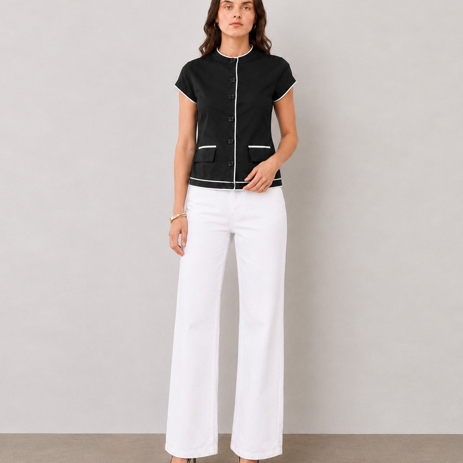 Gazillion Harmony black and white piping stand collar cotton top for women, front view