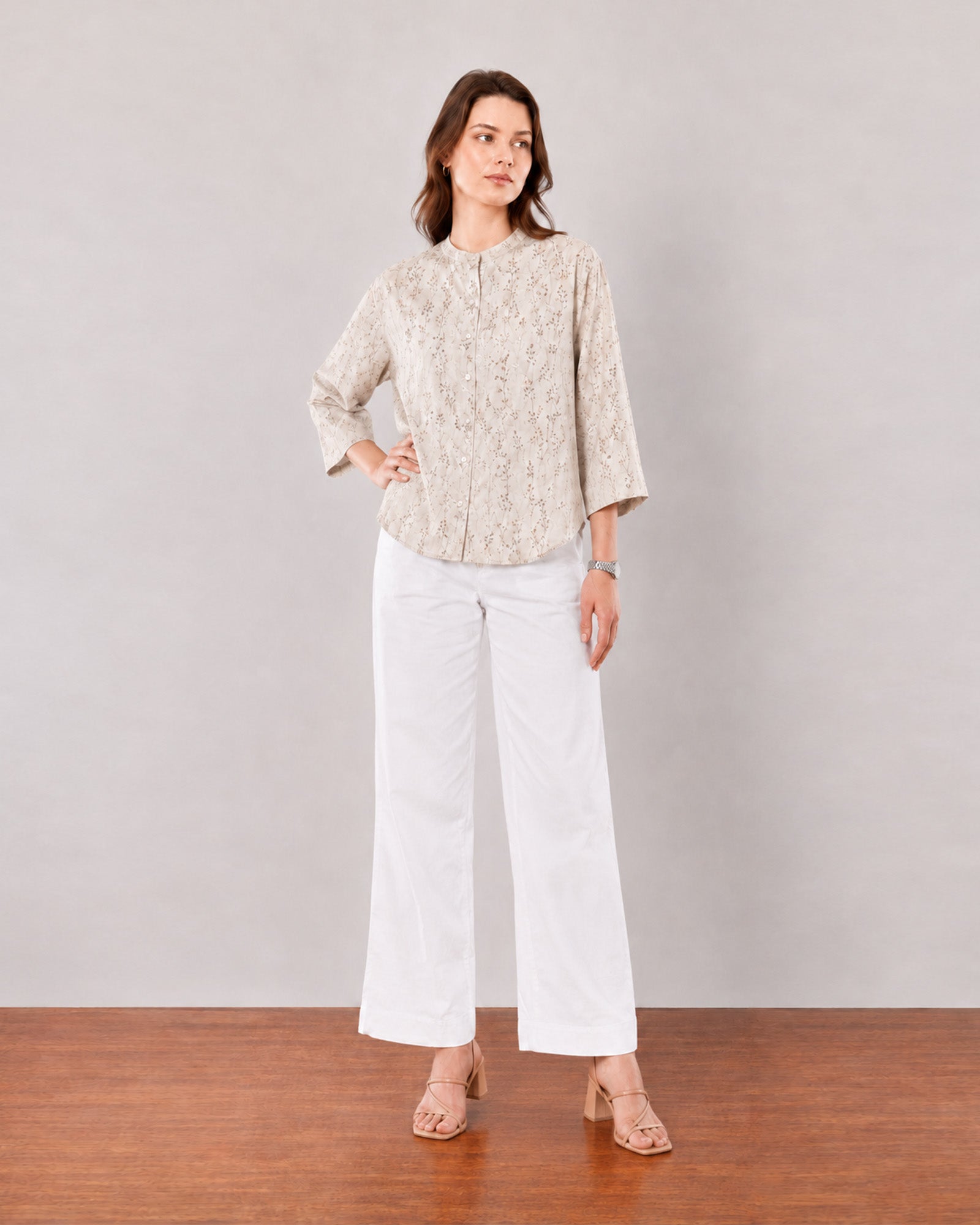 Heaven beige printed shirt, angled view showing three-quarter bell sleeves