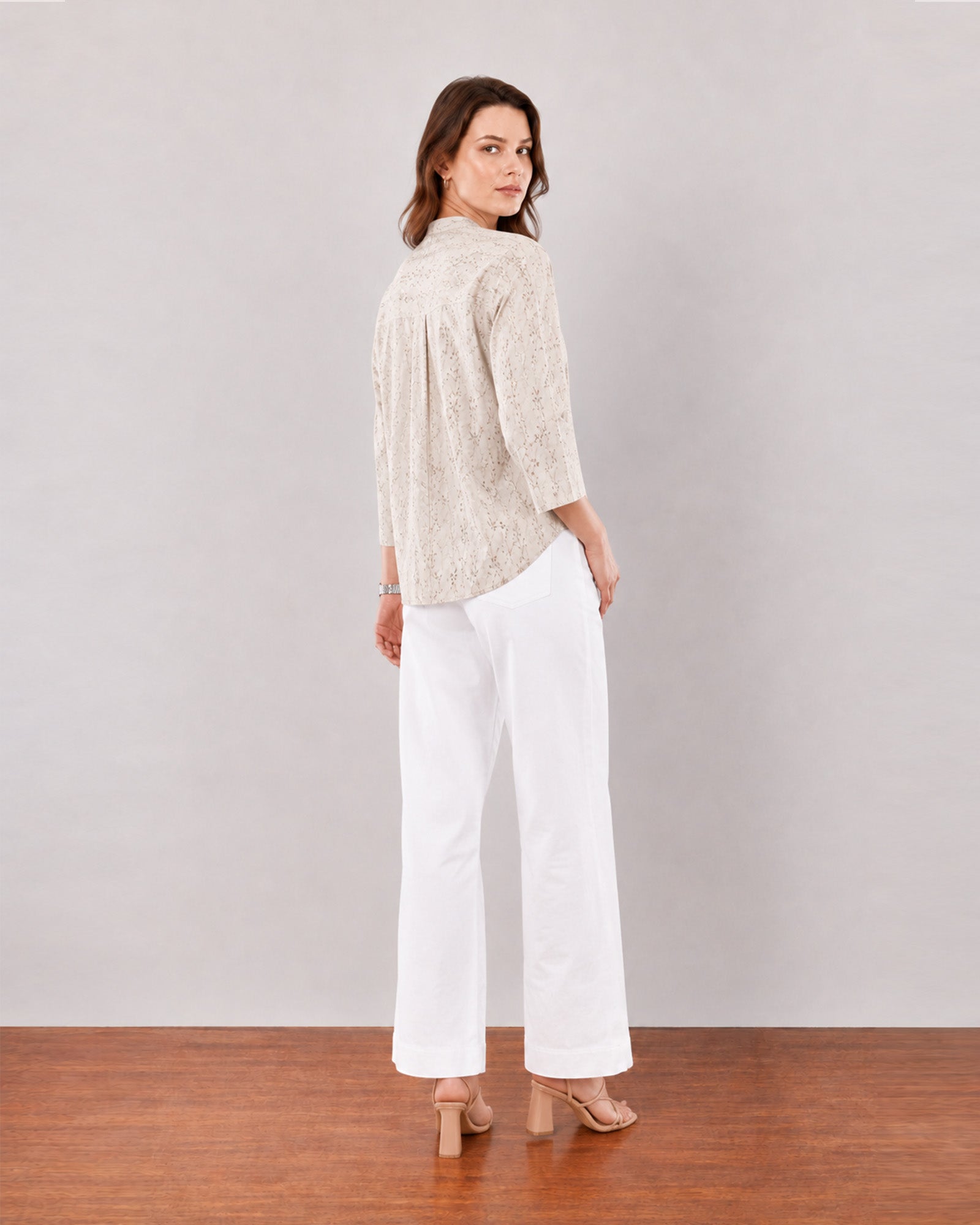 Heaven beige printed shirt, back view showing relaxed shoulder pleats and easy drape