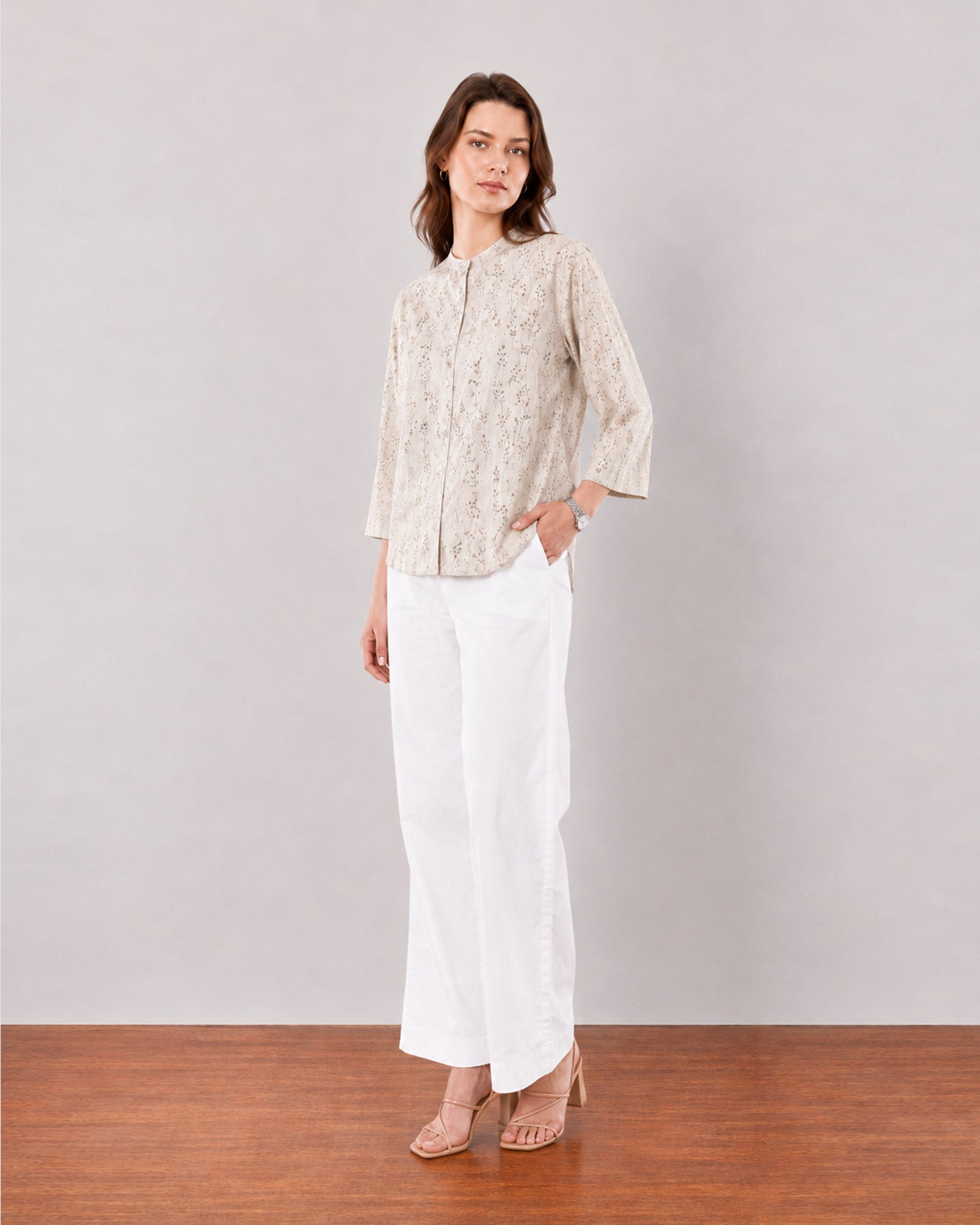 Heaven beige printed band collar shirt, front view with hand in pocket