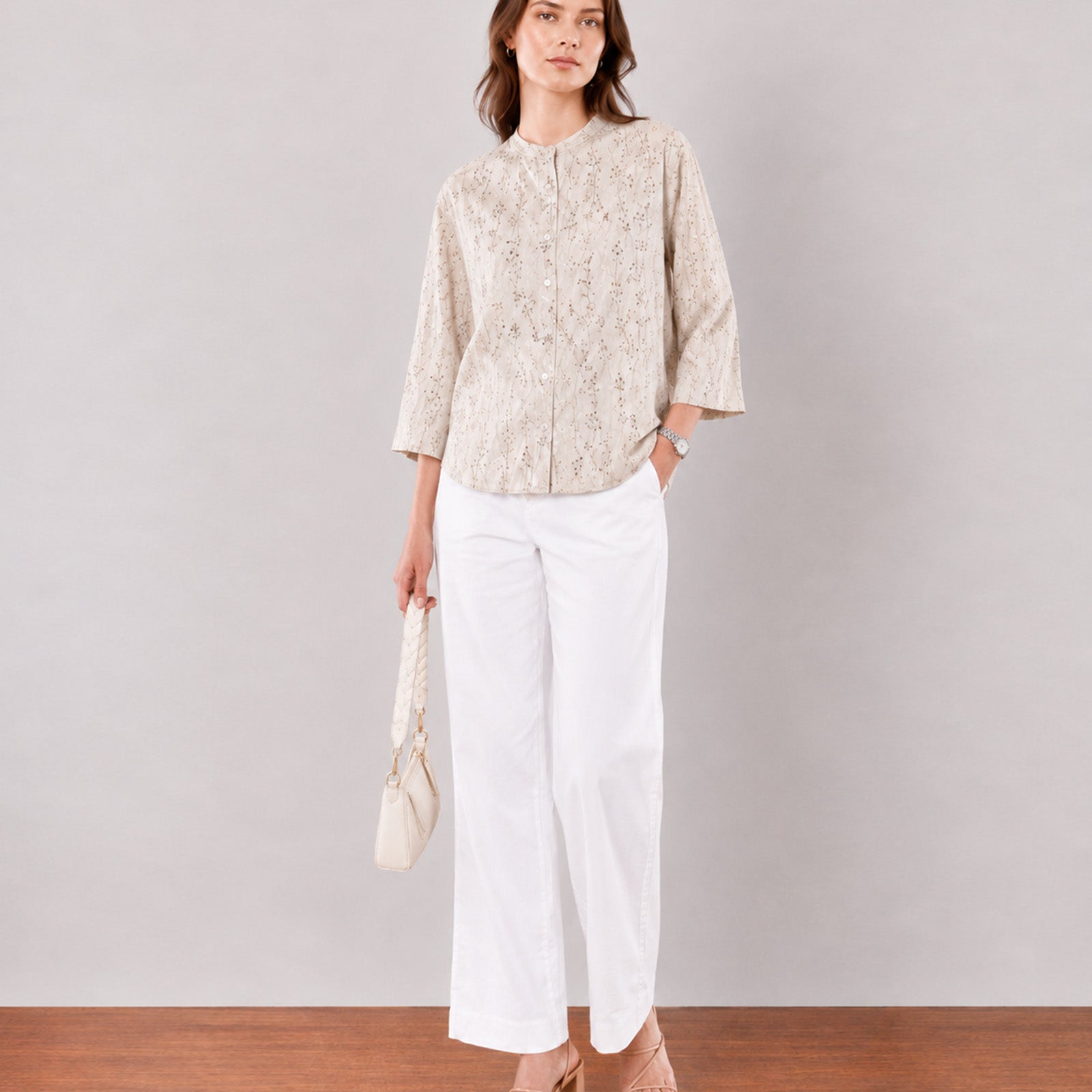 Gazillion Heaven beige printed relaxed-fit shirt for women, full-length front view