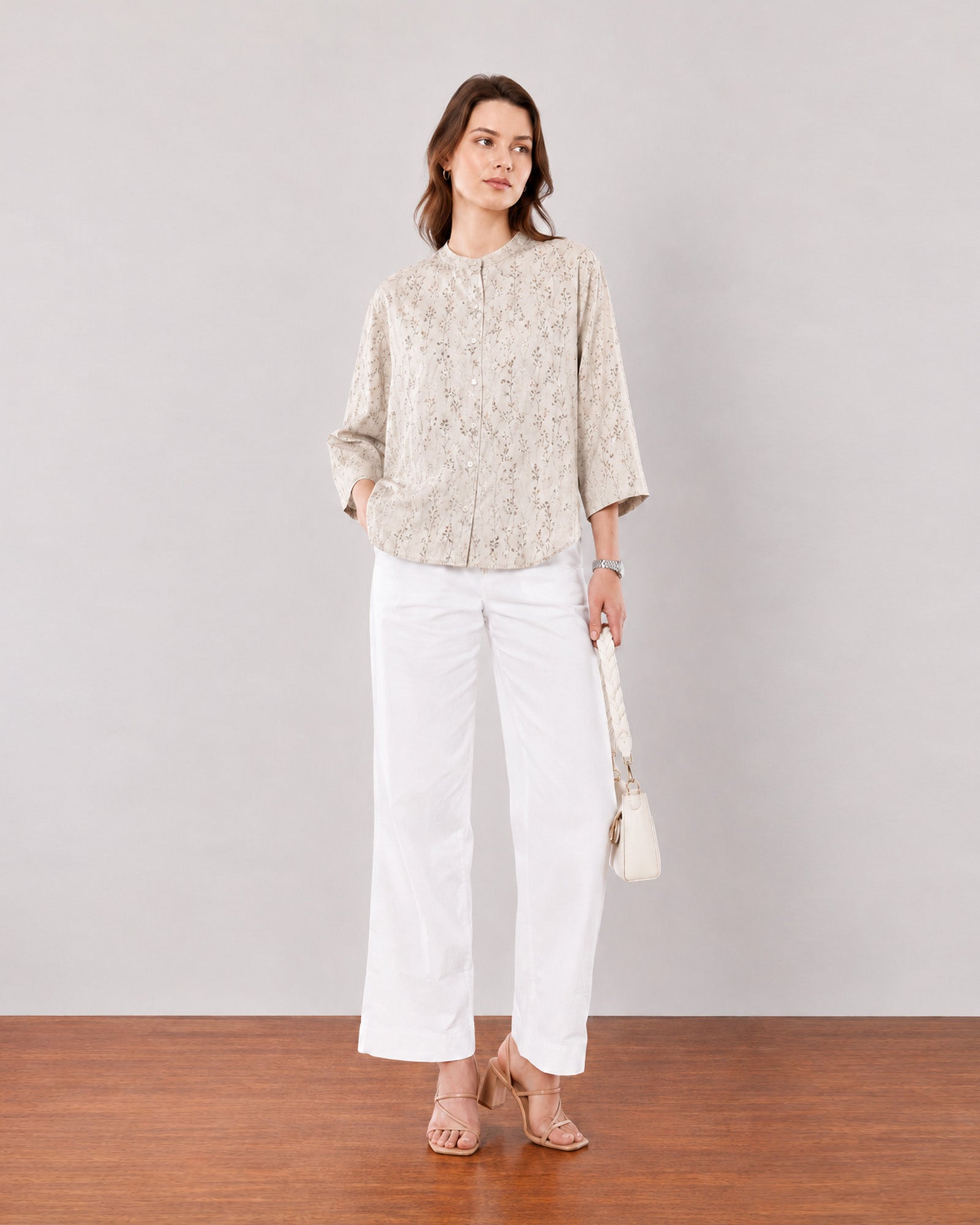 Heaven beige floral print shirt with mandarin band collar and button-down front