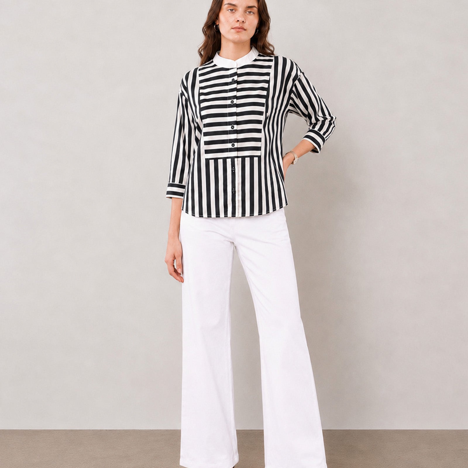 Gazillion Helvia black and white striped bib yoke cotton shirt for women, front view