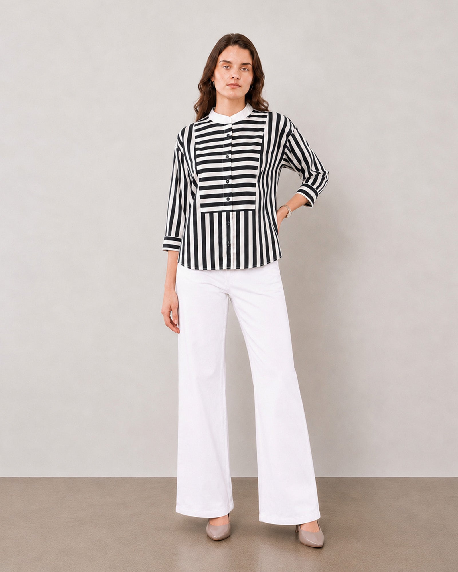 Gazillion Helvia black and white striped bib yoke cotton shirt for women, front view