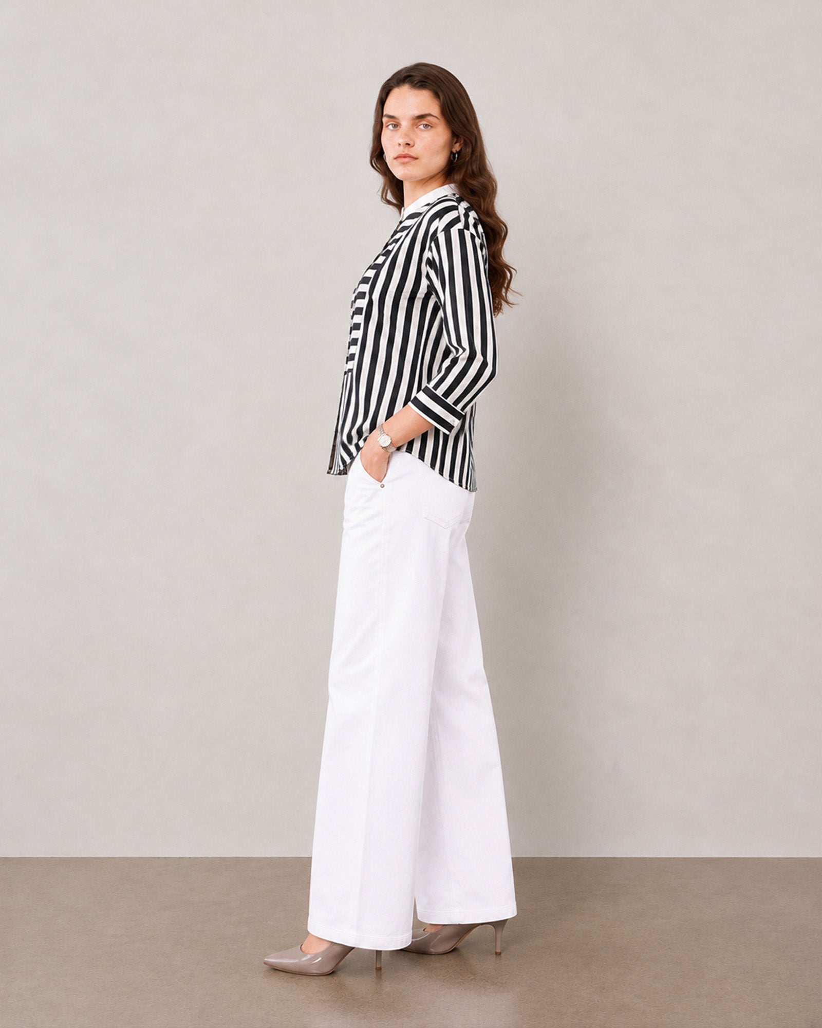 Helvia black and white striped bib yoke cotton shirt, side profile relaxed fit