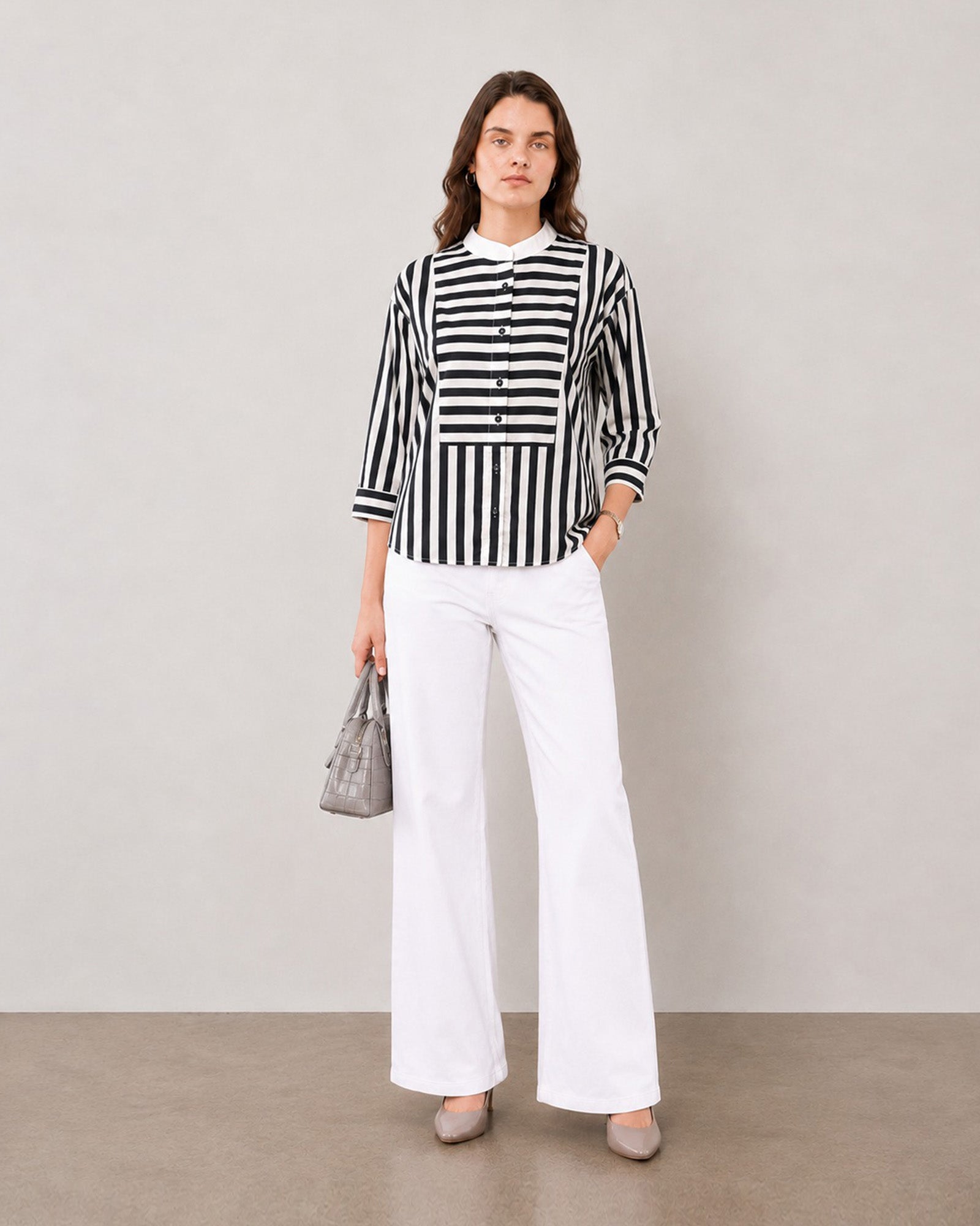 Helvia mixed horizontal and vertical stripe cotton shirt with three-quarter cuffs