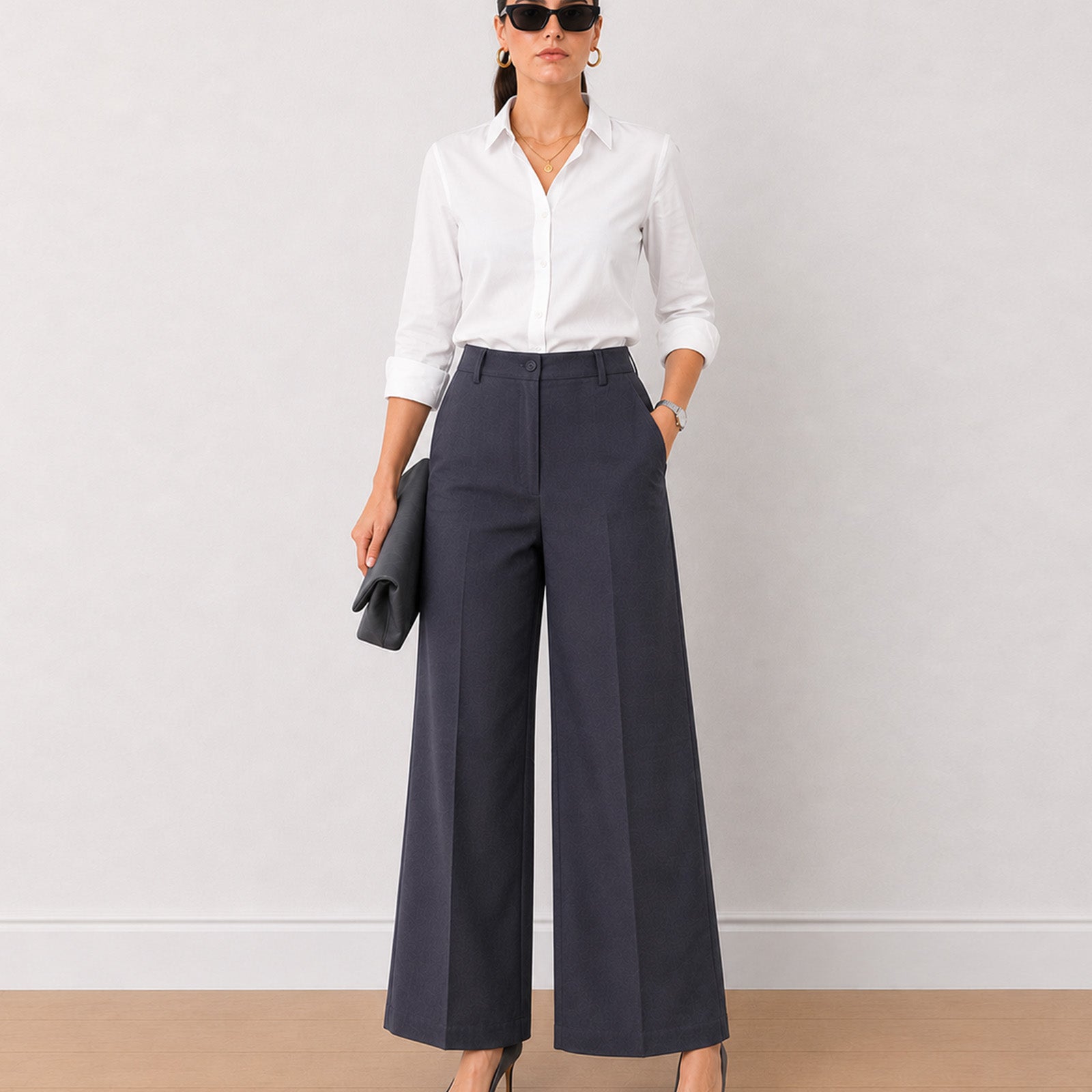 Gazillion Henrietta dark grey herringbone texture straight pants for women, front view