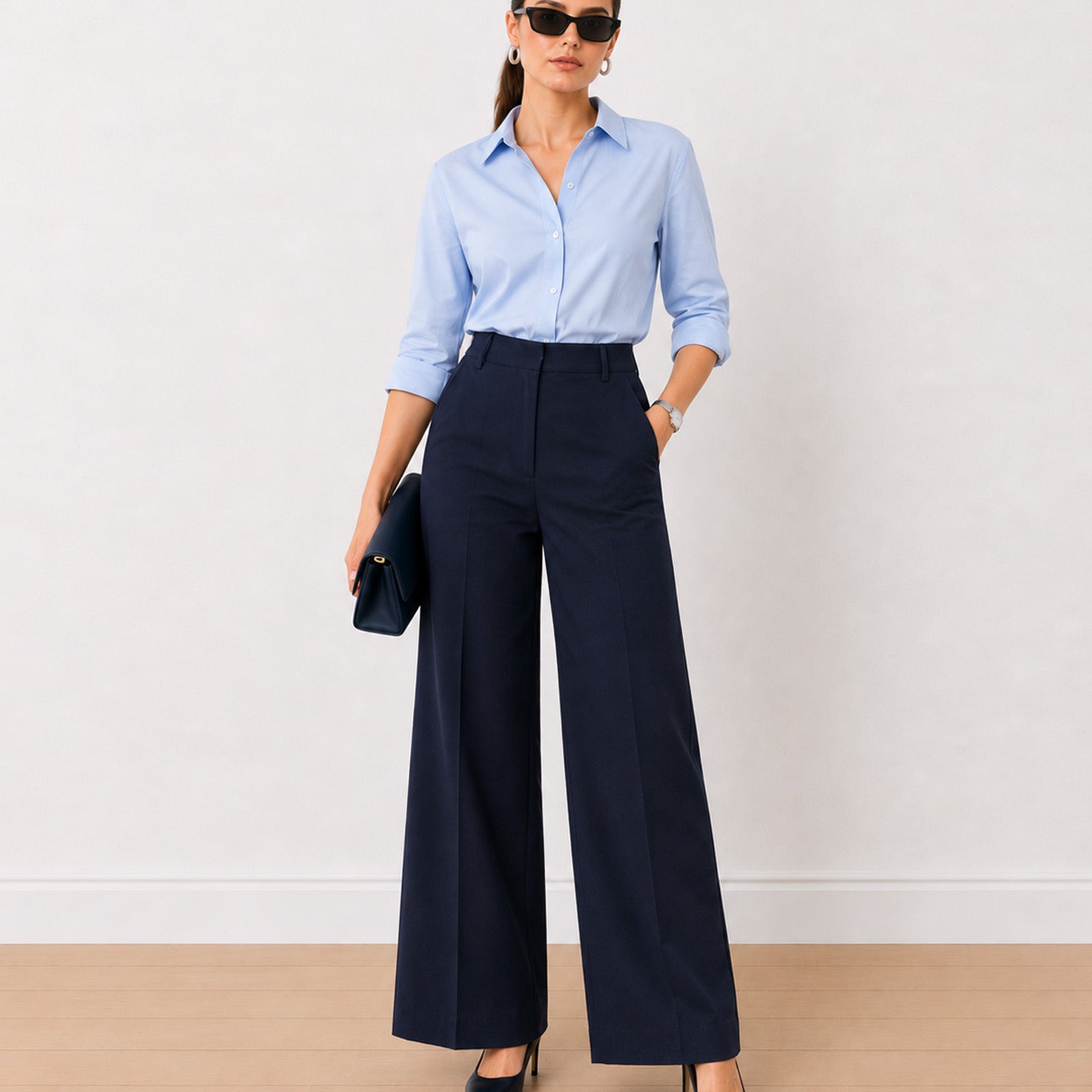 Gazillion Henrietta navy blue herringbone texture straight pants for women, front view