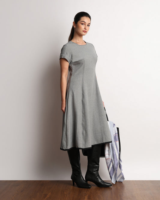 Hype dark grey drapy dress styled with a scarf, full-length front view