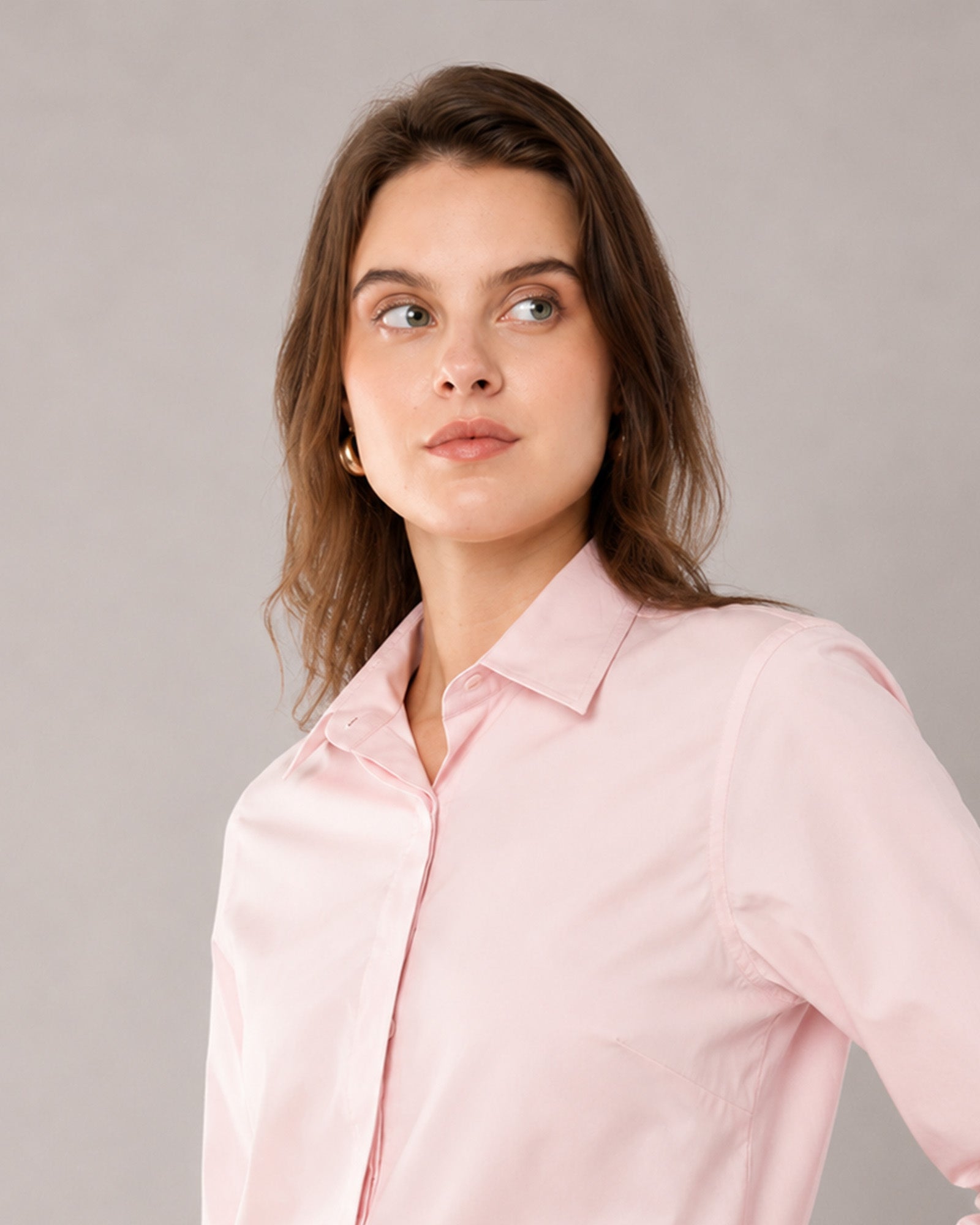 Close-up of That baby pink formal shirt structured collar and shoulder seam