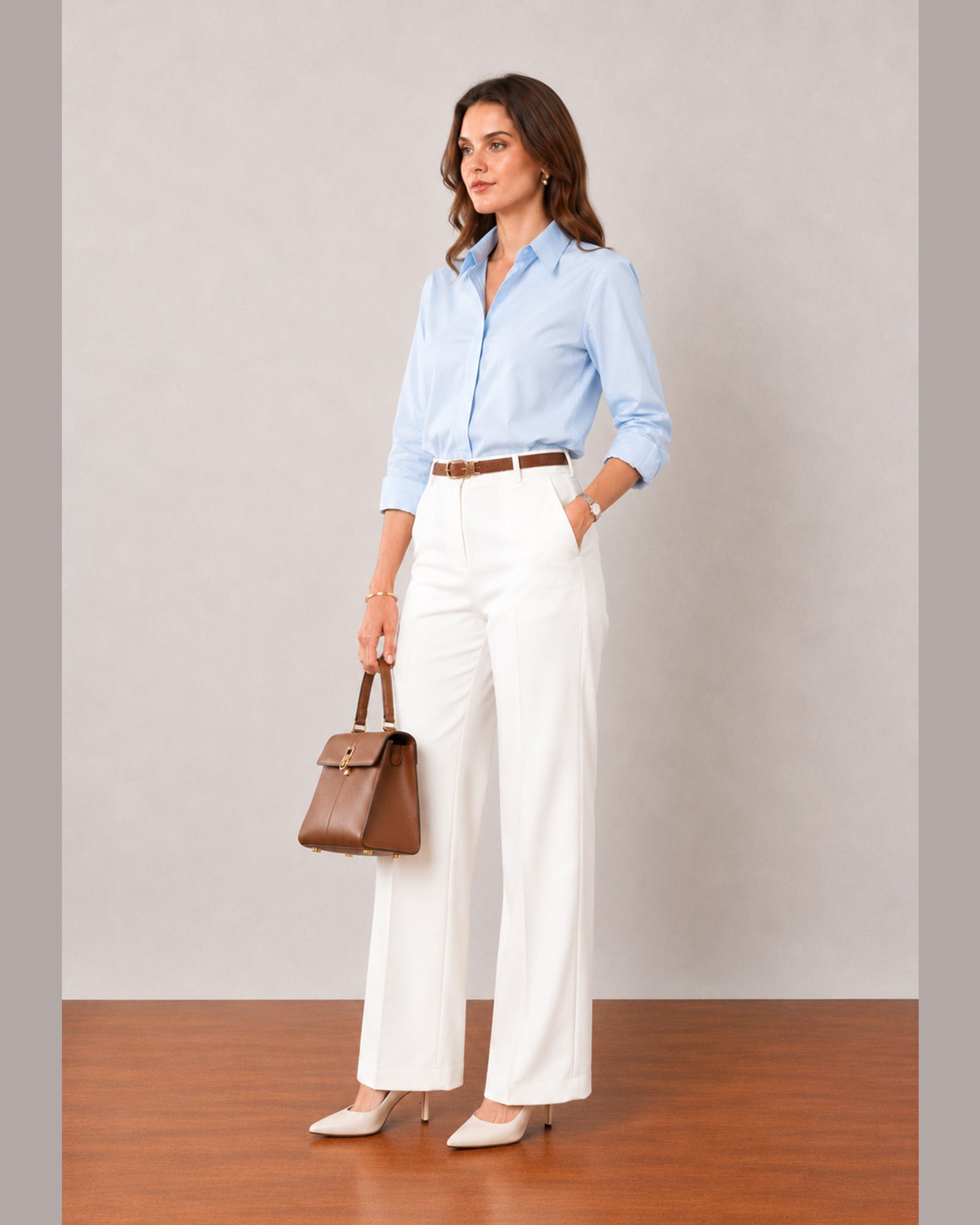 That sky blue stretch poplin shirt with rolled sleeves, angled three-quarter view