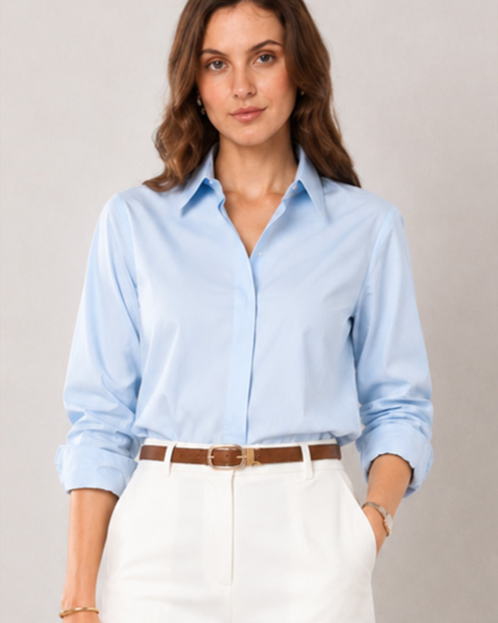 Close-up of That sky blue formal shirt structured collar and concealed front placket
