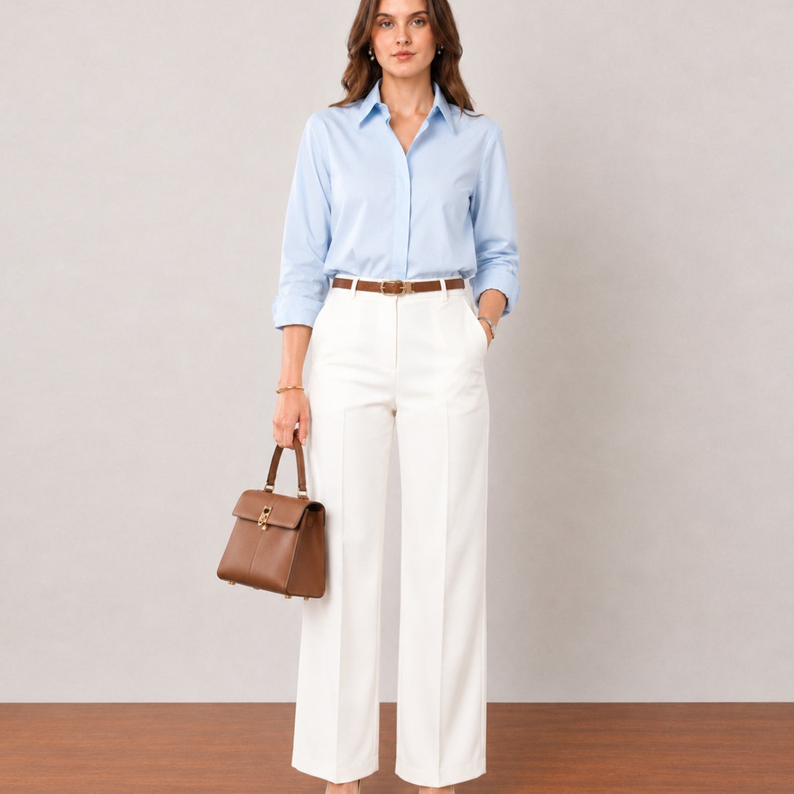 Gazillion That classy sky blue formal shirt for women, full-length front view