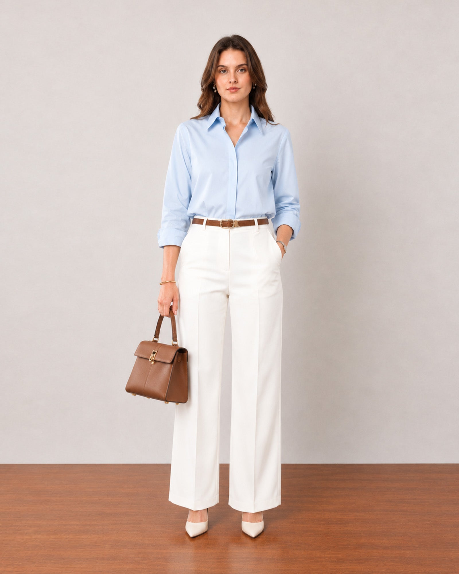 Gazillion That classy sky blue formal shirt for women, full-length front view