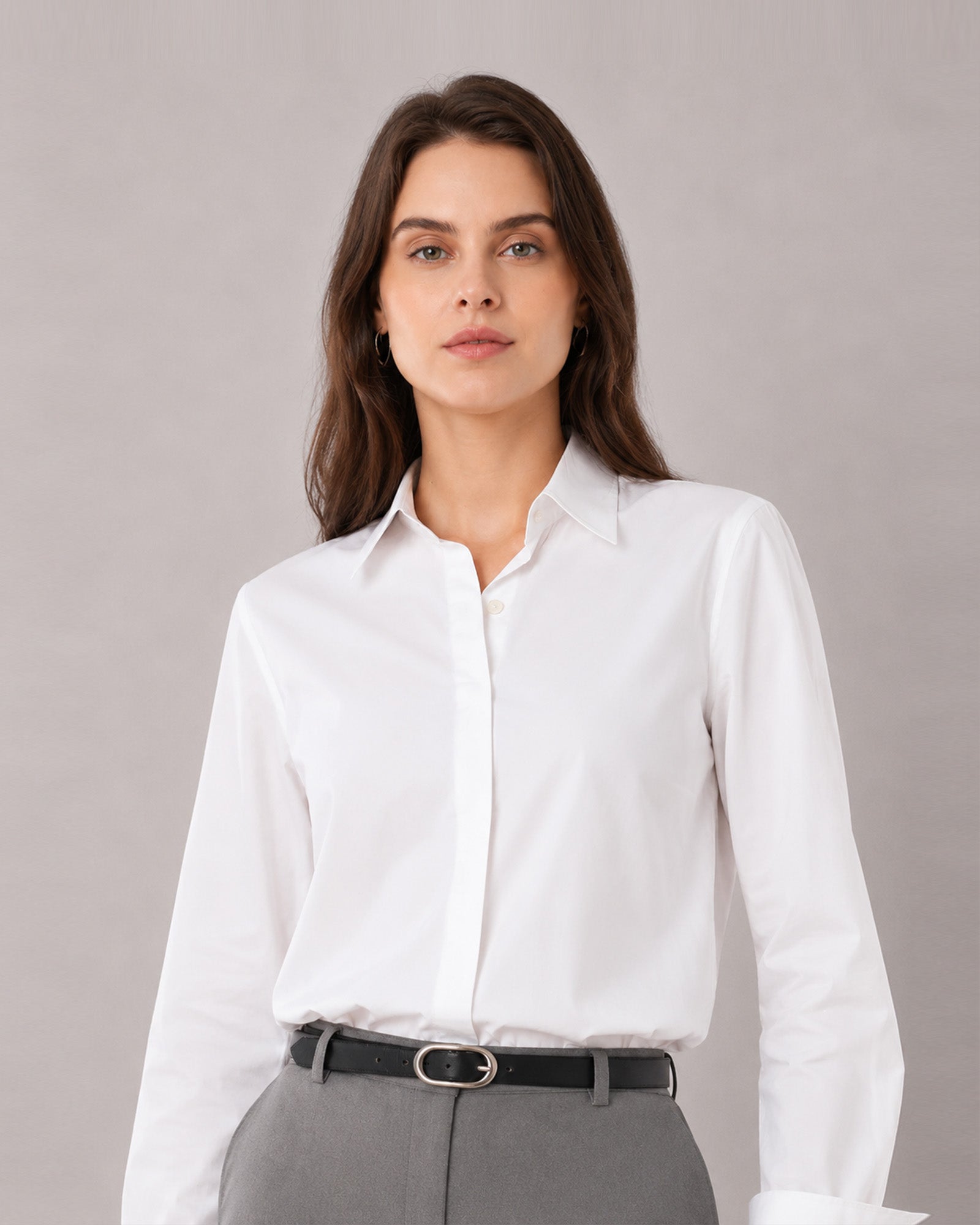 Close-up of That white formal shirt structured collar and concealed front placket