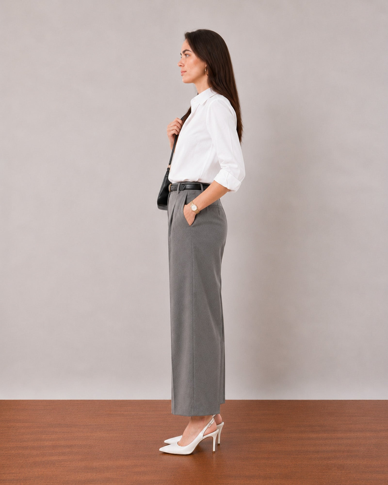 That white stretch poplin formal shirt with rolled sleeves and side seam darts, side profile view
