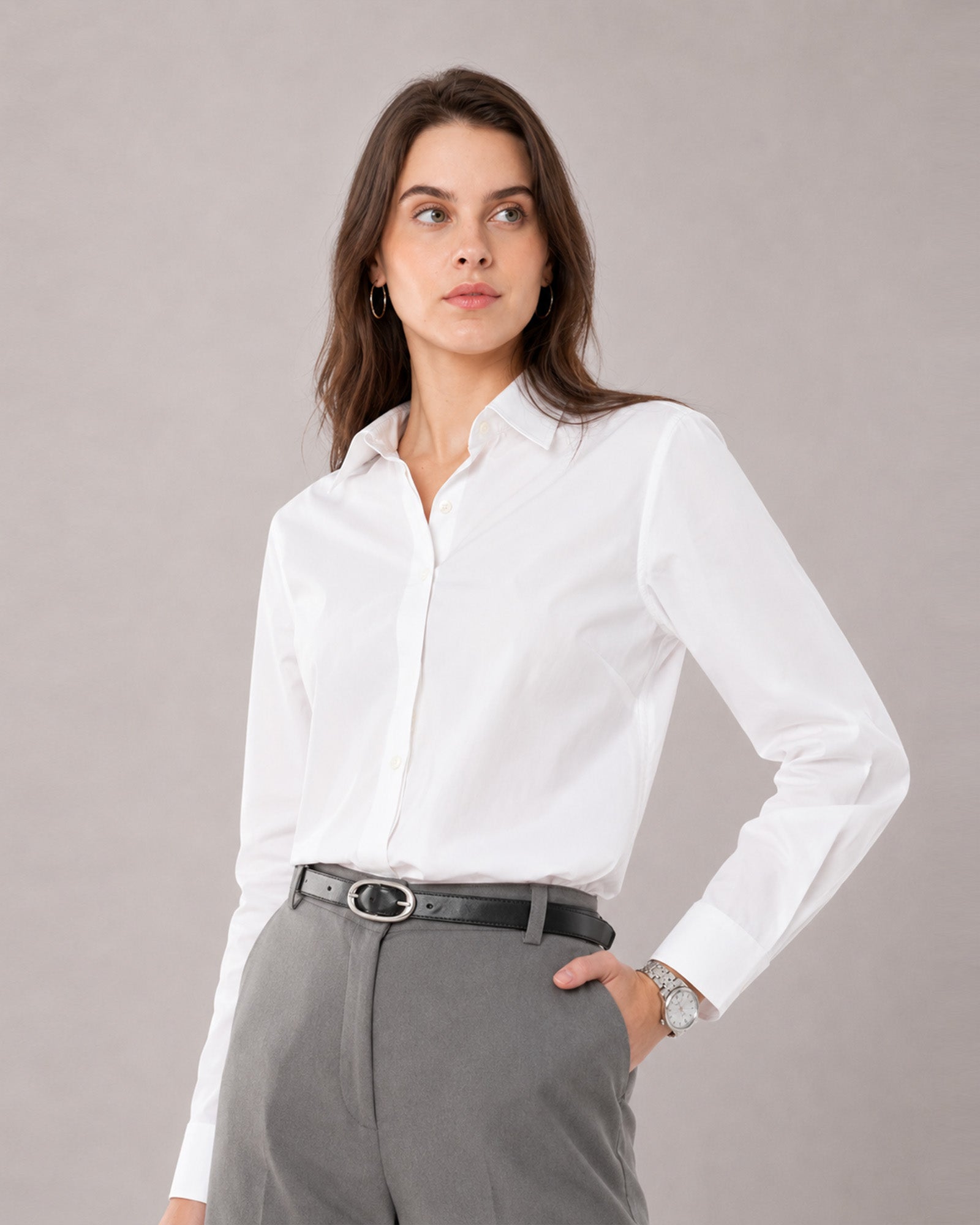 That white cotton stretch shirt, waist-up view