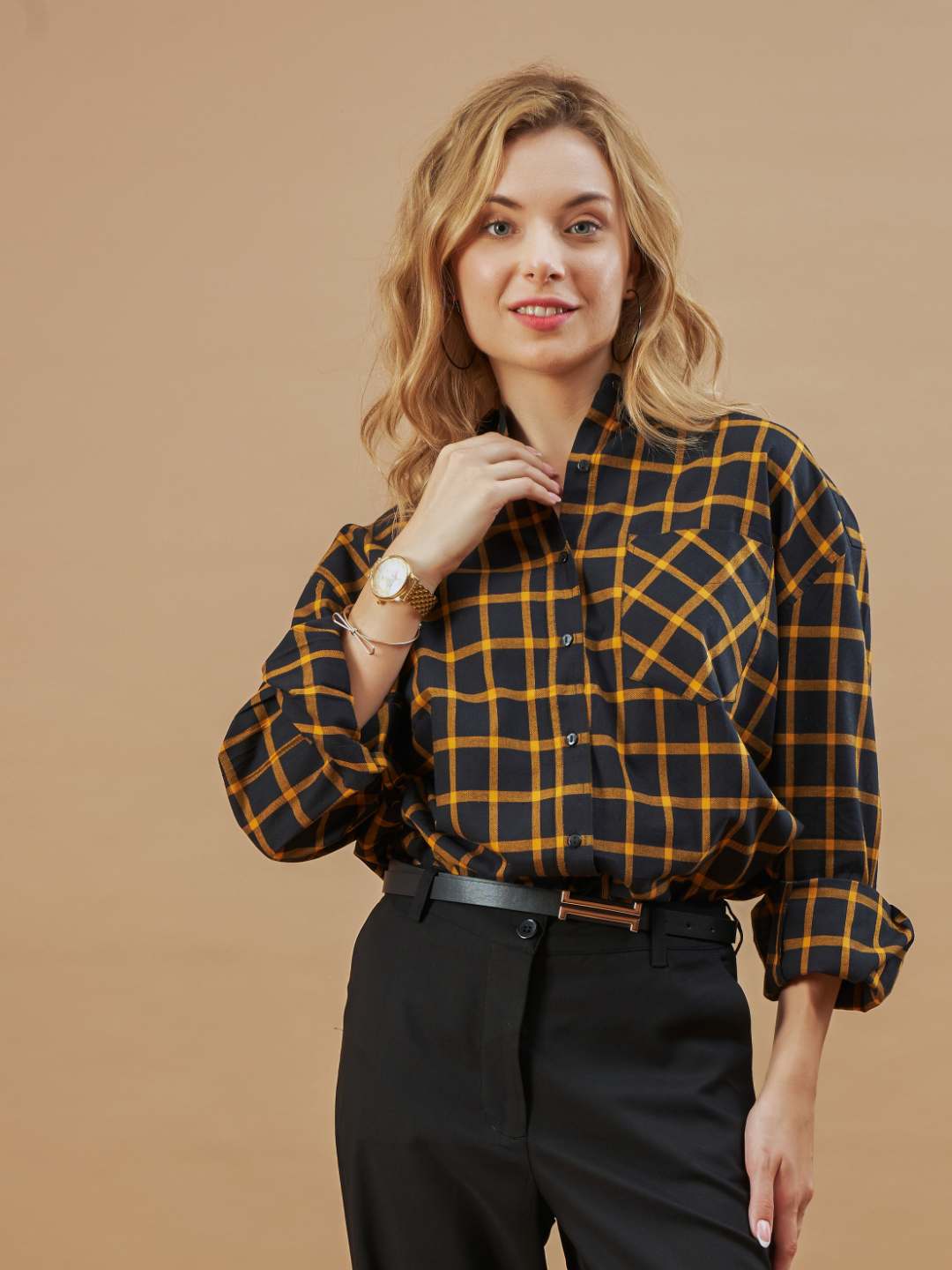 Girl wearing large black & white checks women's cotton shirt from Gazillion