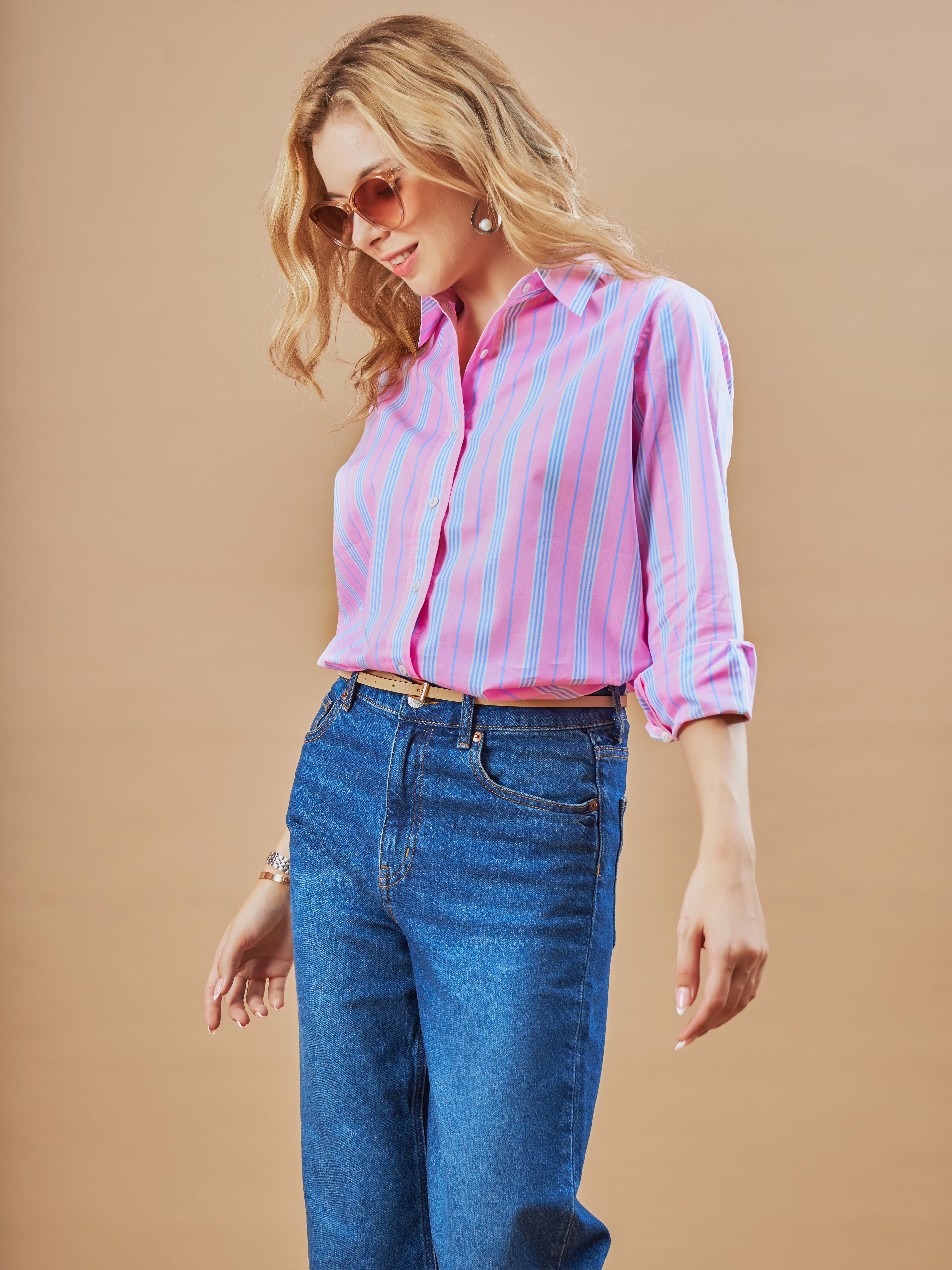 Girl wearing blue & white striped women's cotton shirt from Gazillion