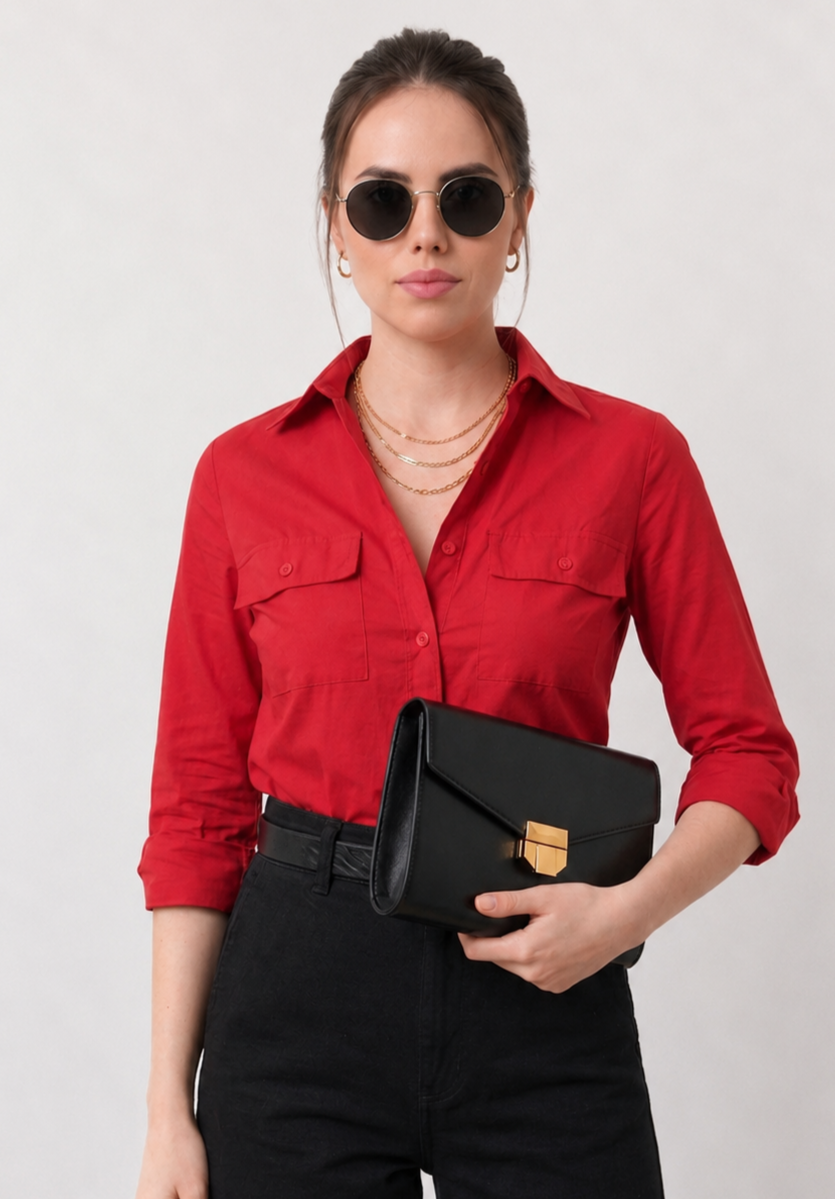 Chest detail of the Gracy scarlet red utility shirt: two flap pockets and the buttoned placket, sleeves rolled