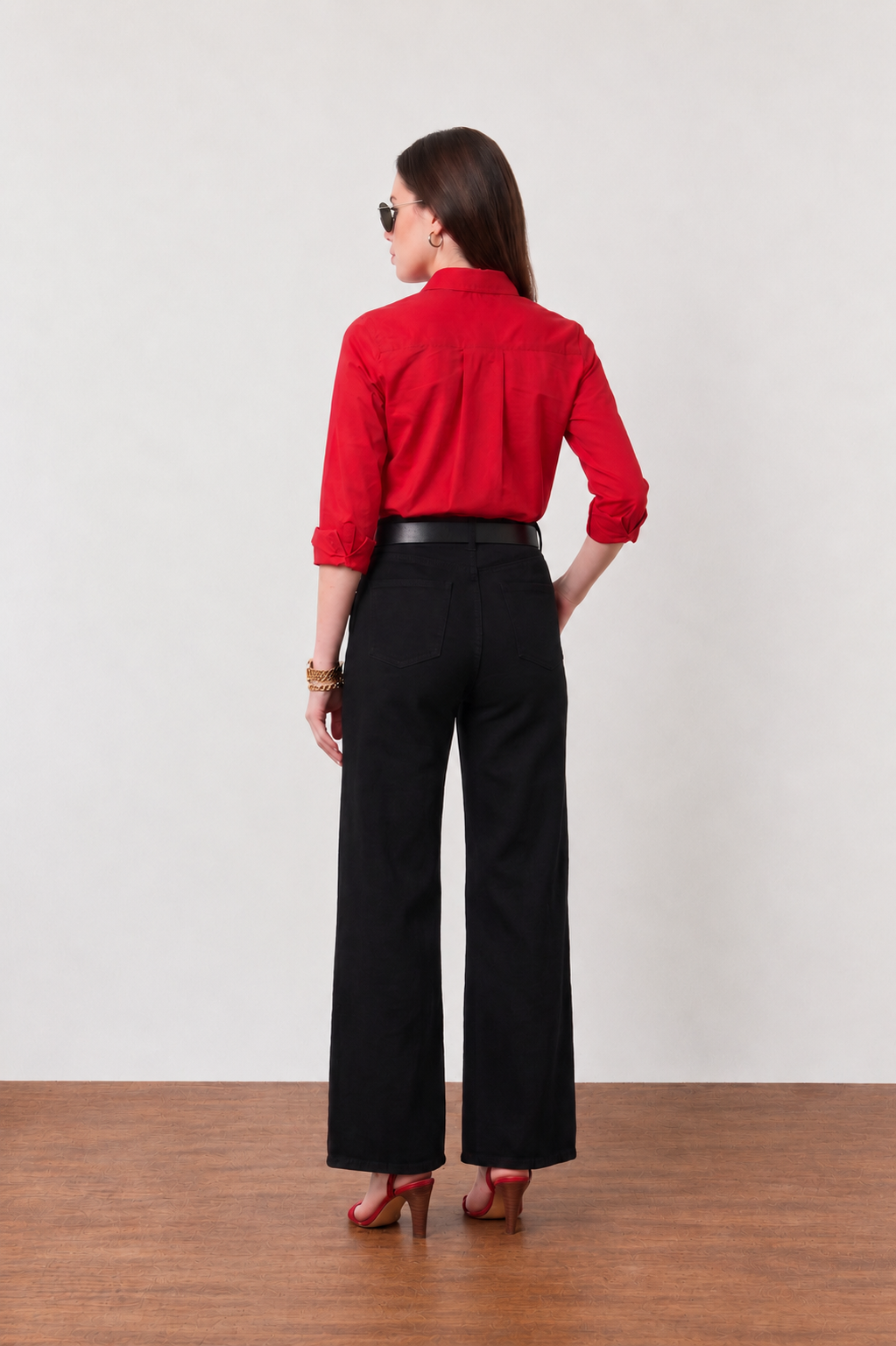 Back view of the Gracy scarlet red utility shirt, showing the shoulder yoke and centre pleat