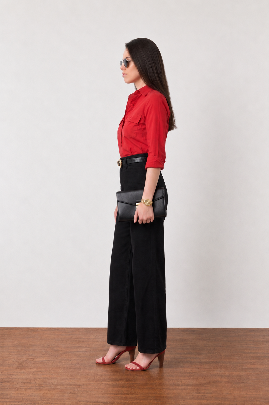 Side view of the Gracy scarlet red utility shirt, showing the sleeve and straight side seam
