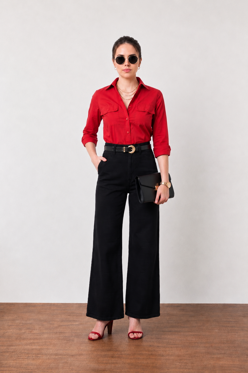 Gracy scarlet red cotton utility shirt worn with black wide-leg trousers, full-length front view