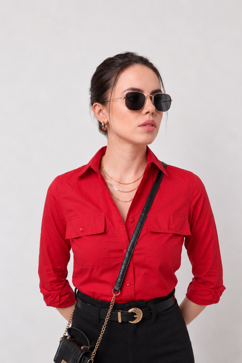 Gracy scarlet red utility shirt tucked into black trousers with a gold-buckle belt