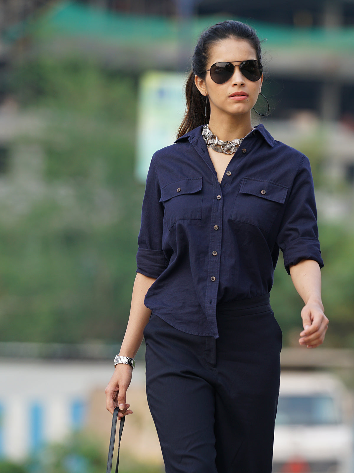Analia Navy Blue Self Striped Cords Cotton Shirt for Women from GAZILLION Gazillion