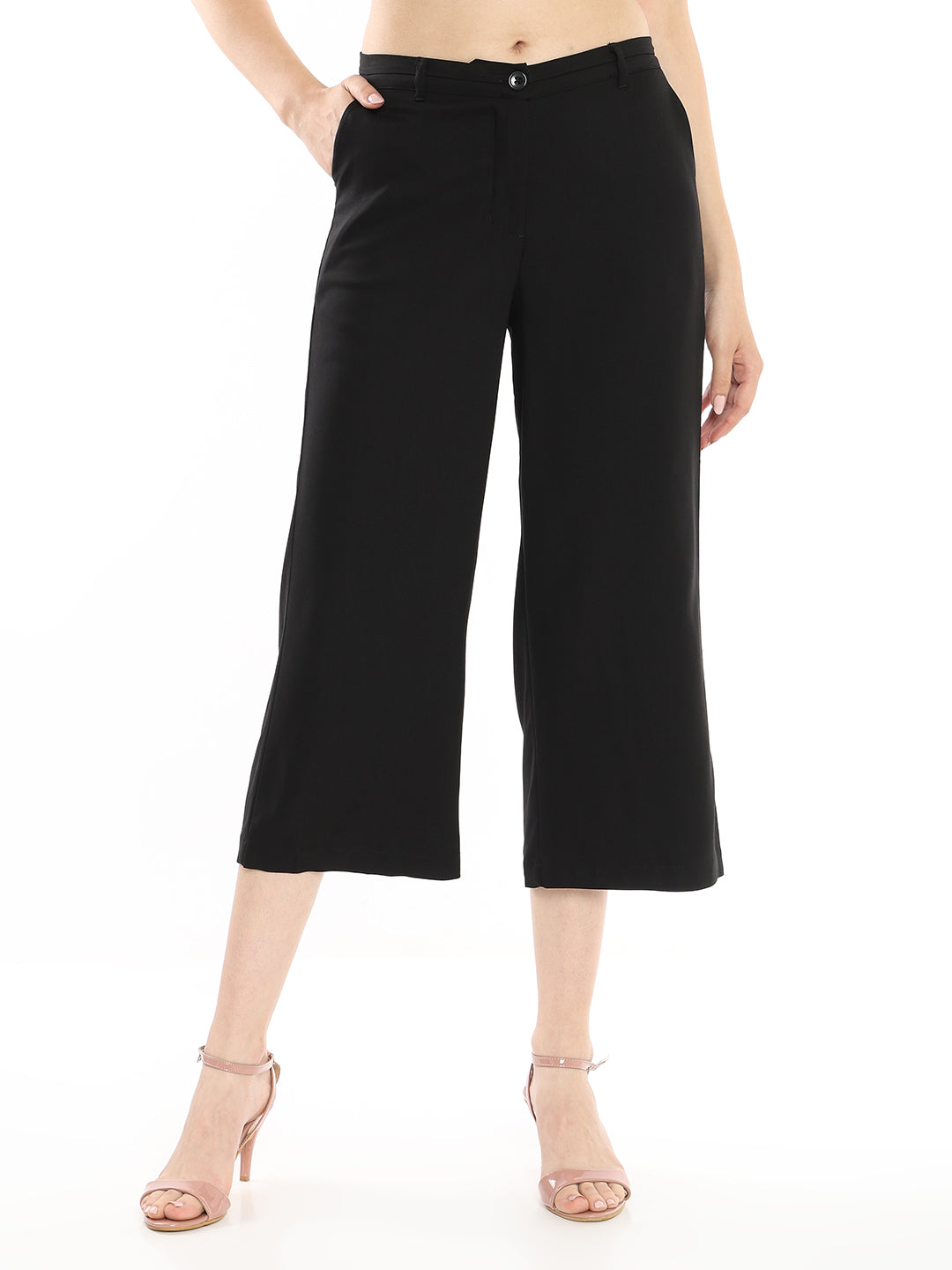 Bella Black Rayon Cropped Pants for Women - Berlin Fit