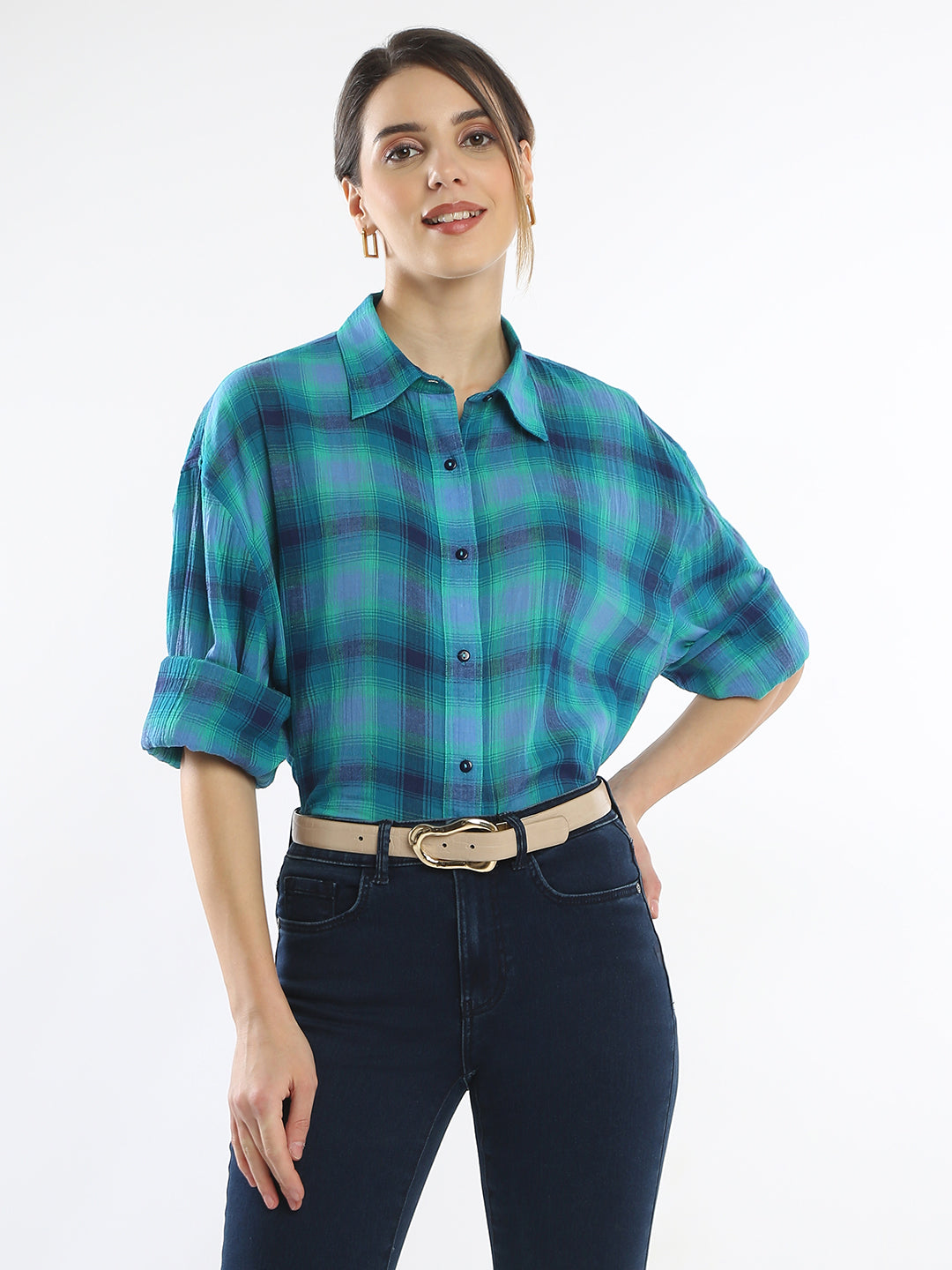 Ella Blue Checks Cotton Oversized Shirt