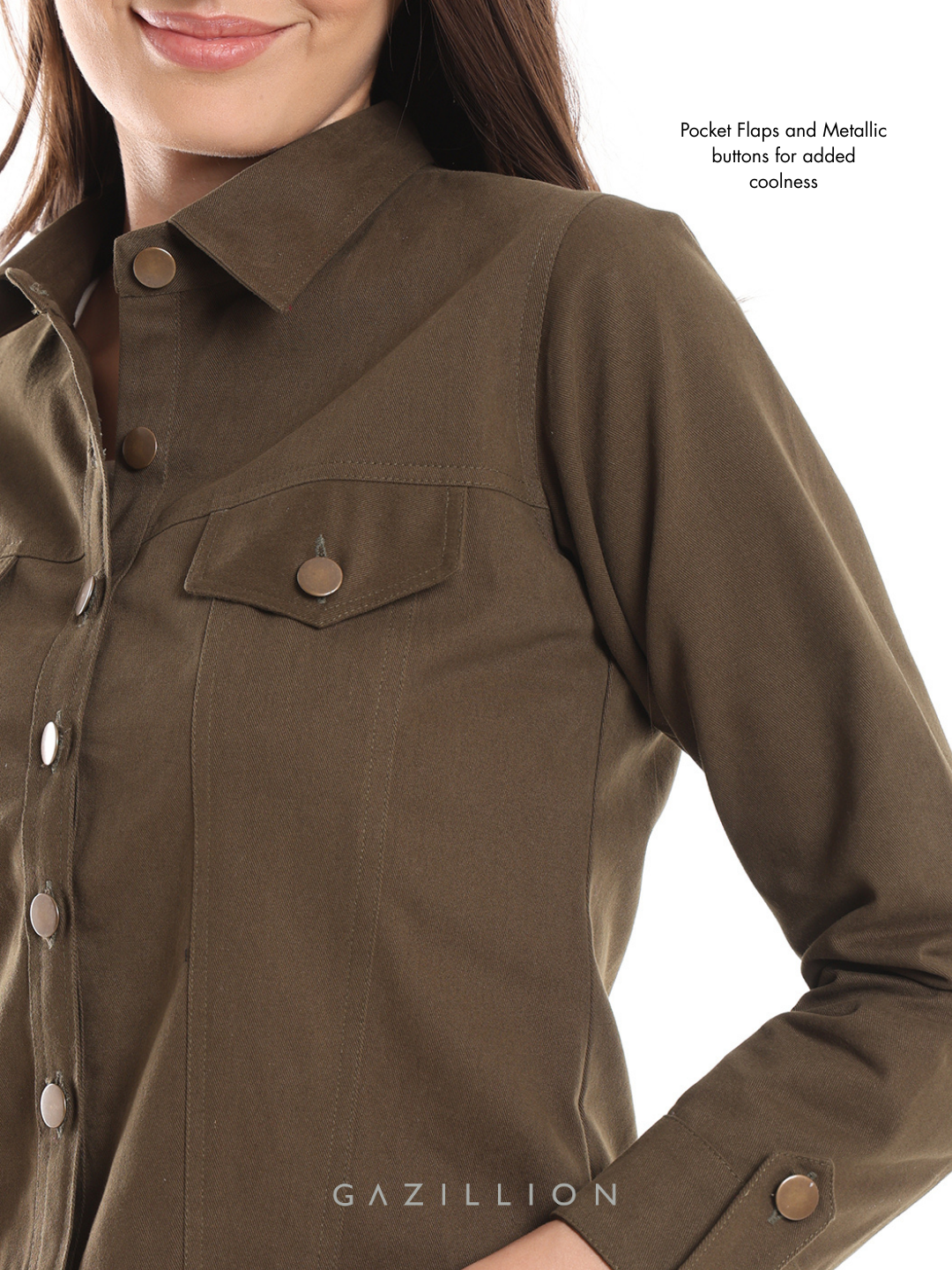 Brown shirt with button details on a white background