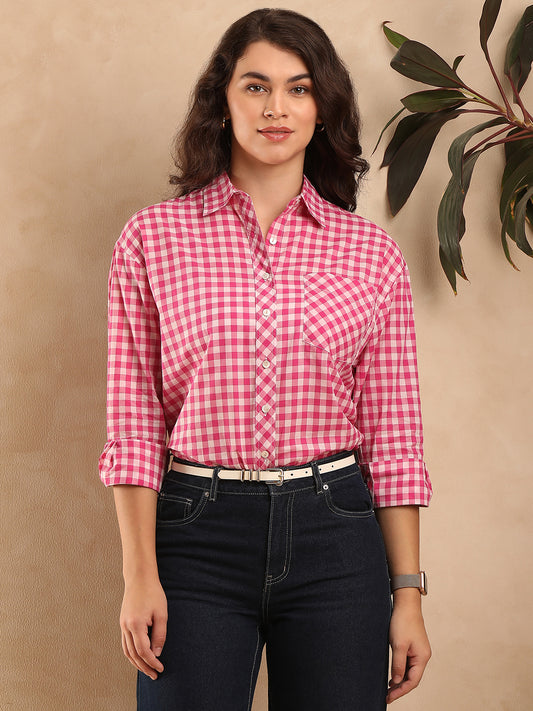 Delphina Pink Checks Cotton Oversized Shirt