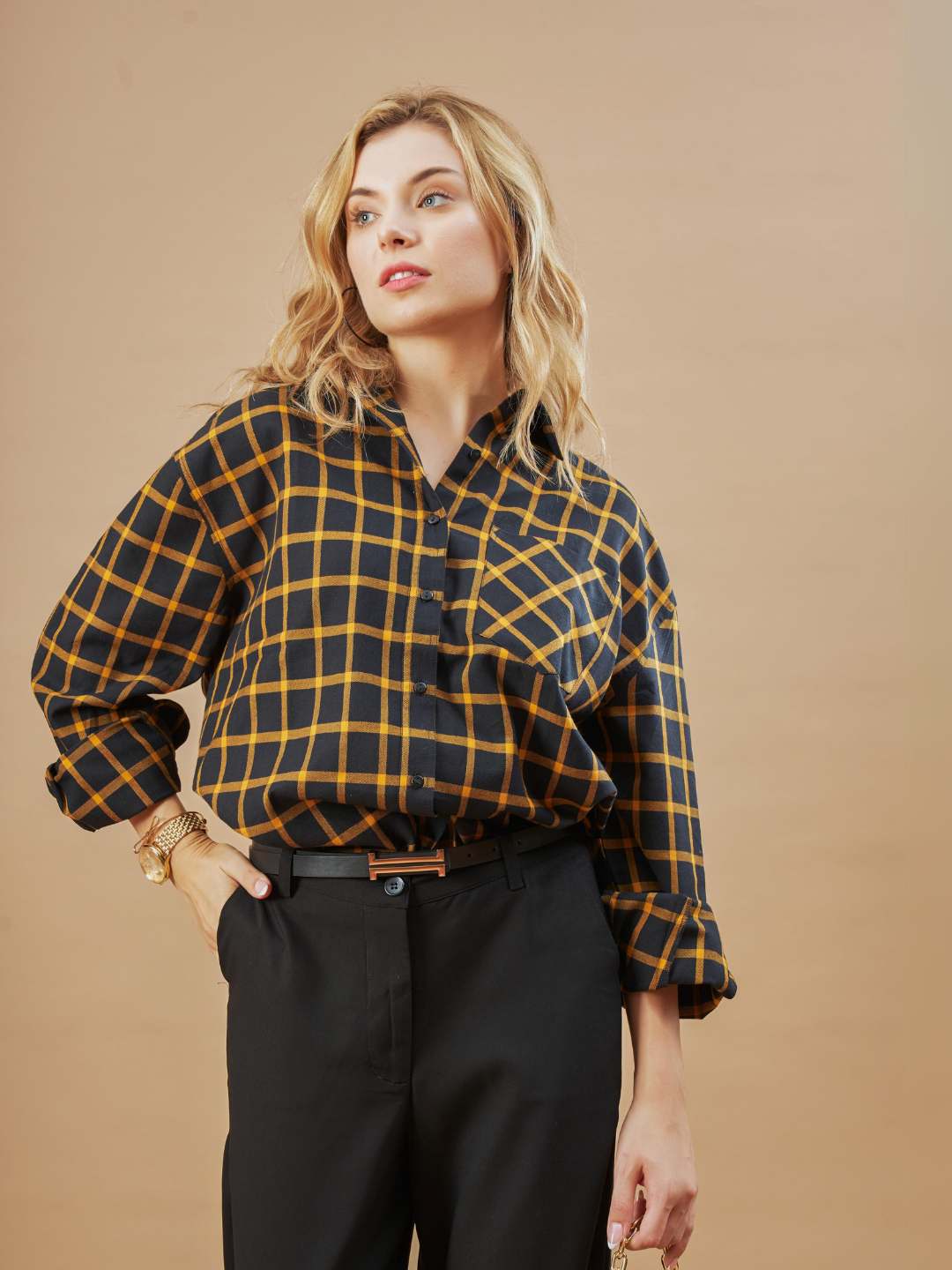 Dimona Black Checks Cotton Oversized Shirt